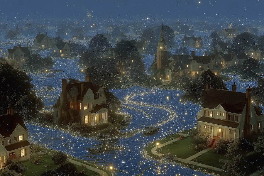 Surreal neighborhood with cosmic rivers of data flowing between houses.