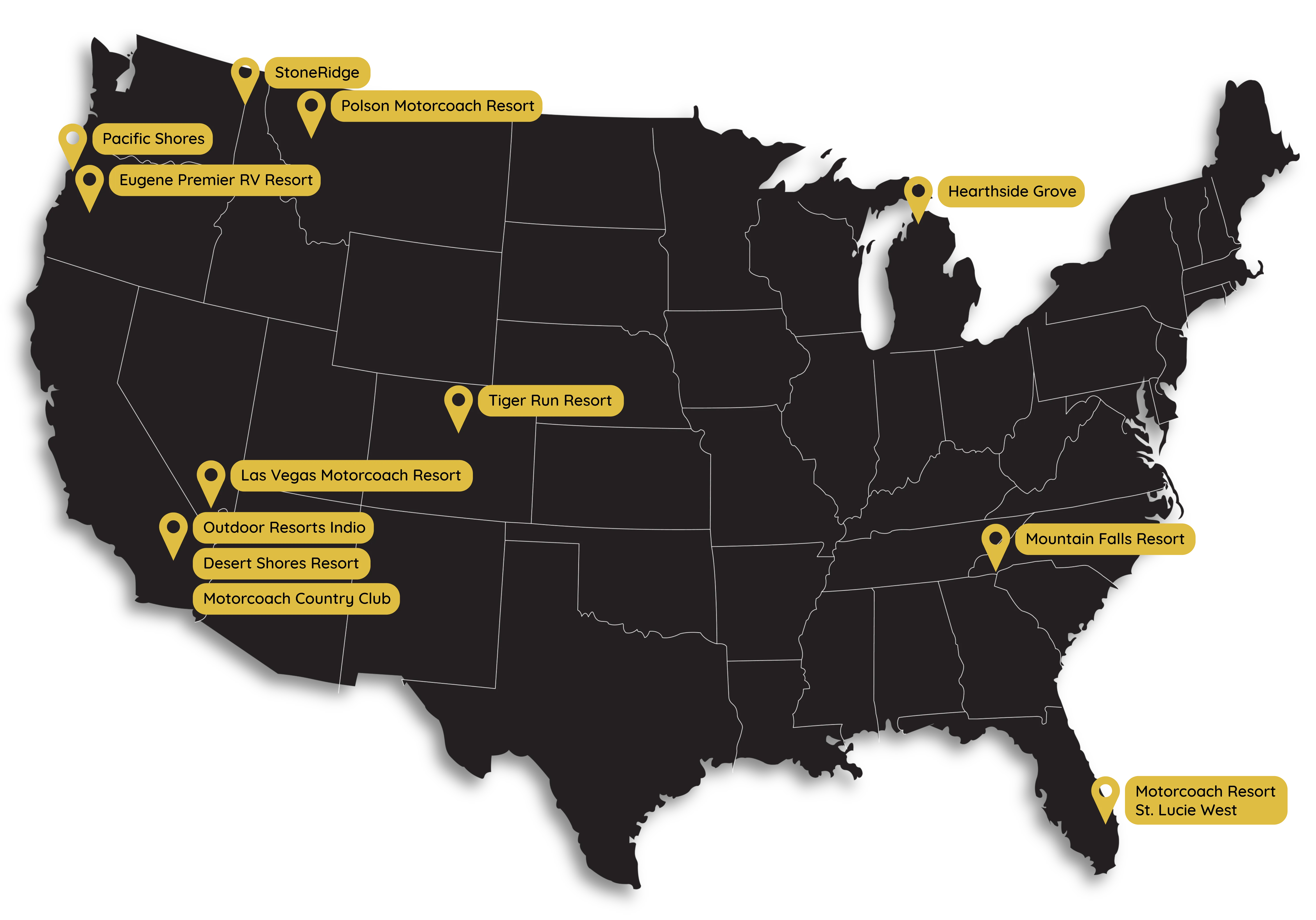 Map of the United States highlighting recommended resorts, as listed further down the webpage