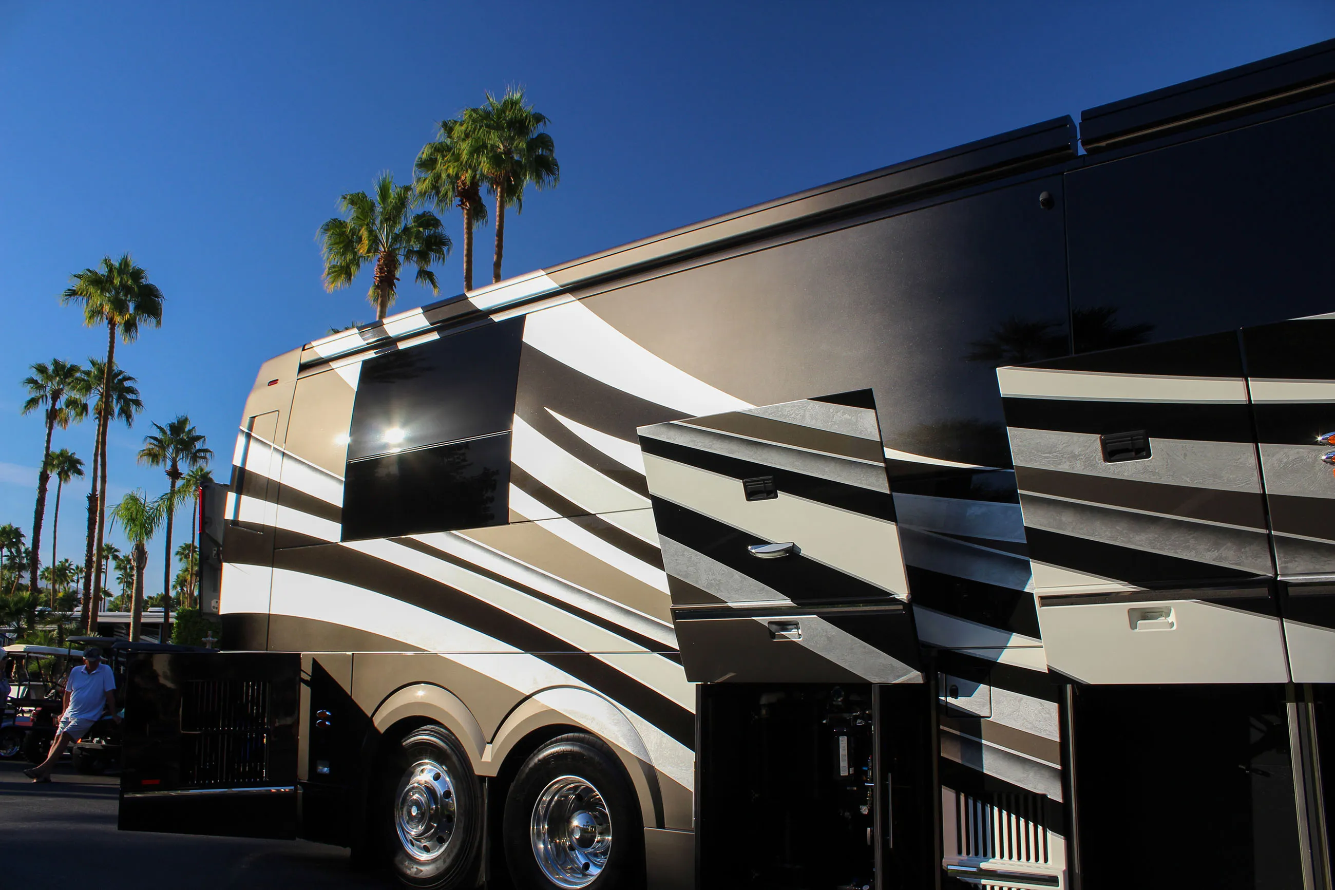 Side view of a luxury motorcoach with multiple open storage compartments under a clear blue sky and palm trees in the background.