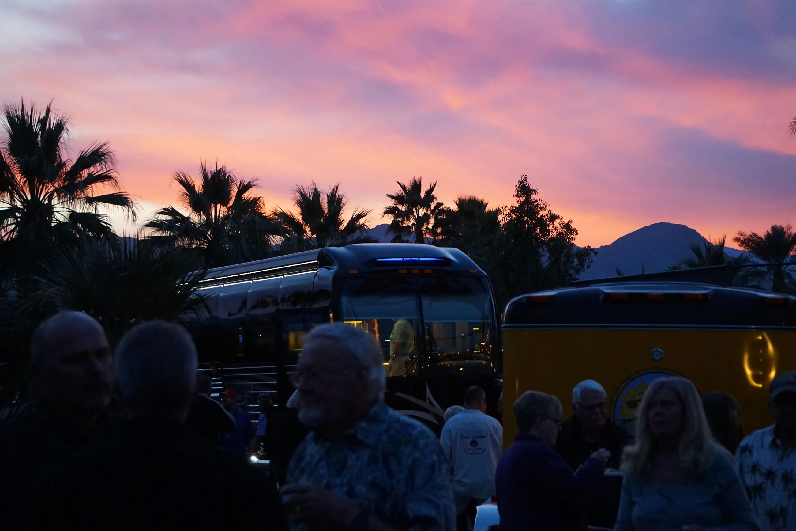 Group of people gathered outdoors near buses at sunset with palm trees and mountains in the background.