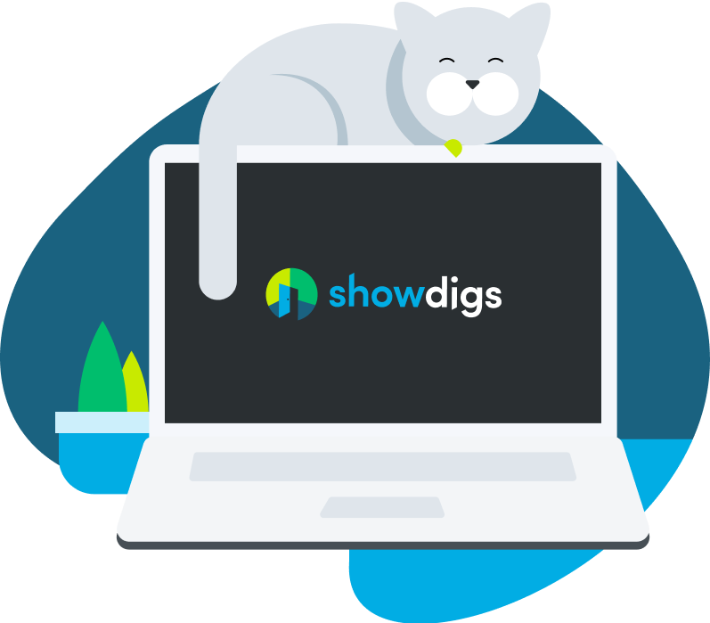 cat sitting on a laptop with the Showdigs logo