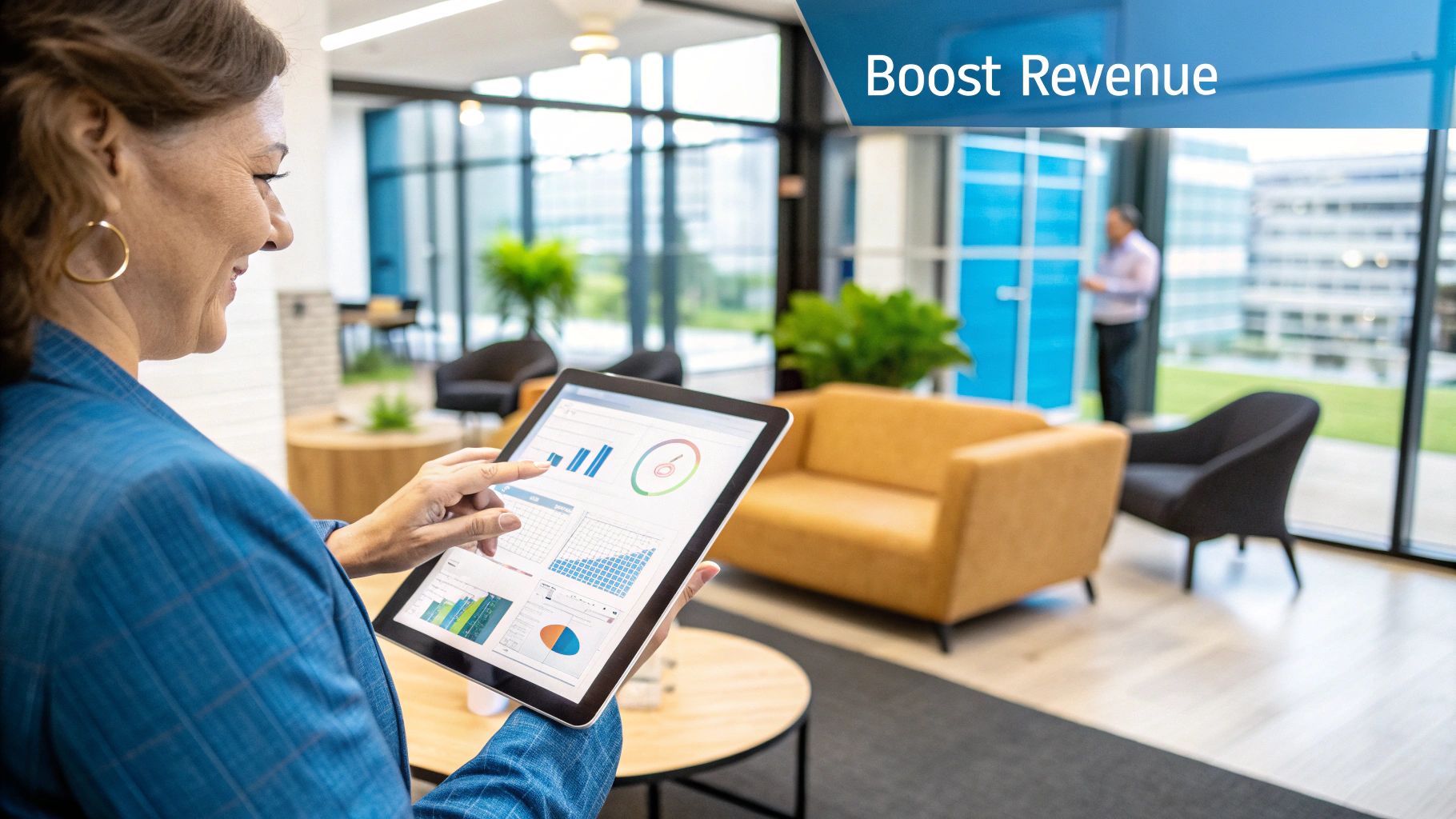 A detailed architectural blueprint on a wooden desk with measuring tools and a coffee cup