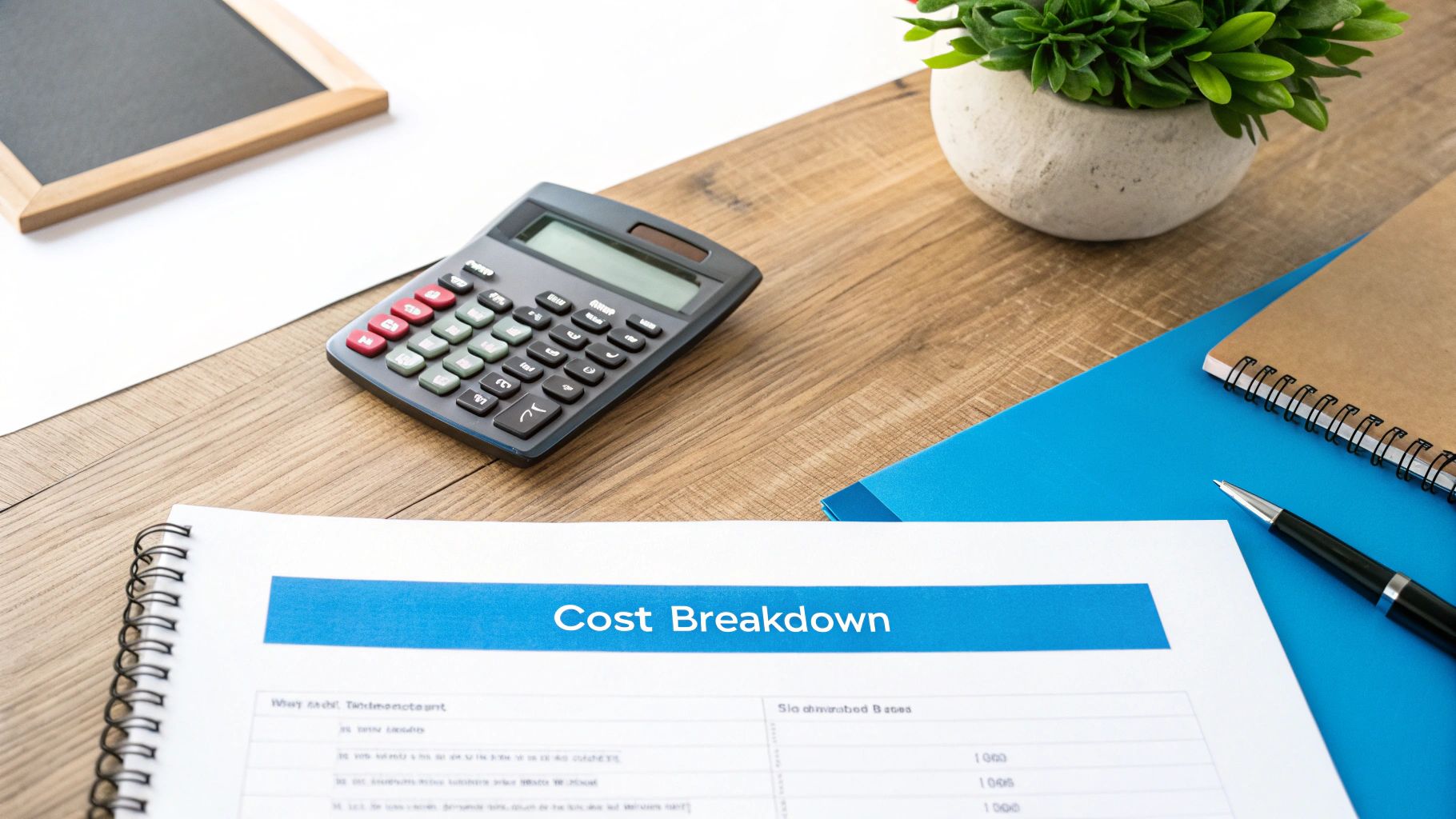 A person working at a desk with a calculator, notebook, and laptop, focused on financial data