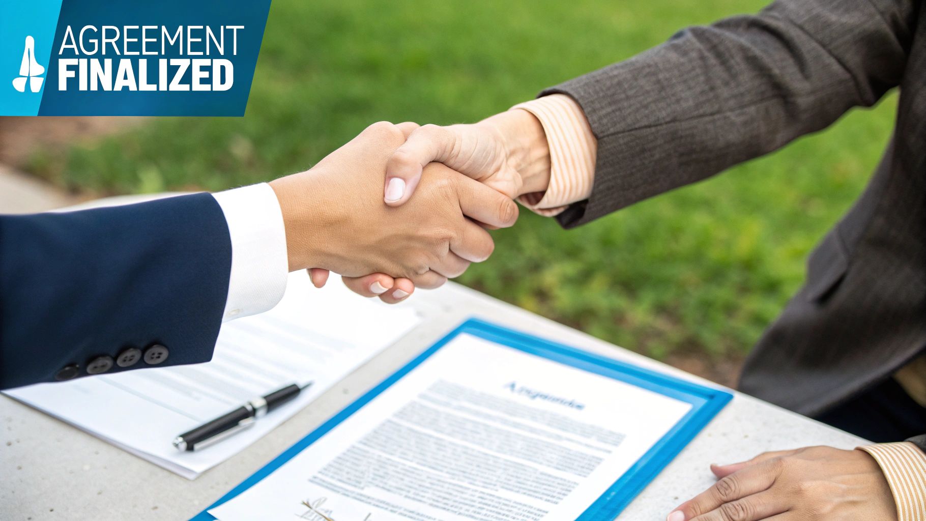 A landlord and tenant are having a friendly, professional conversation in a well-lit living room, reviewing a document together.