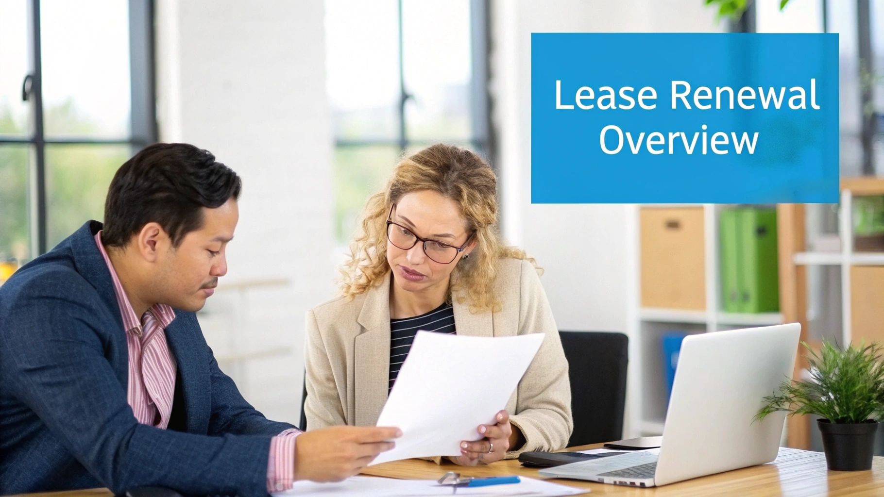 Two people sitting across from each other at a desk in a modern office, engaged in a discussion over documents.