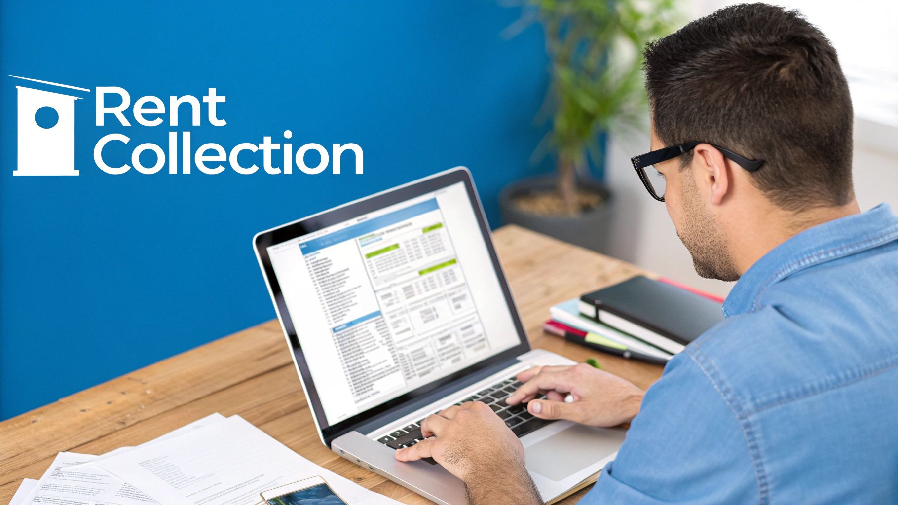 A split-screen image showing a messy desk with paper files on one side and a clean, organized desk with a tablet displaying a property management dashboard on the other.