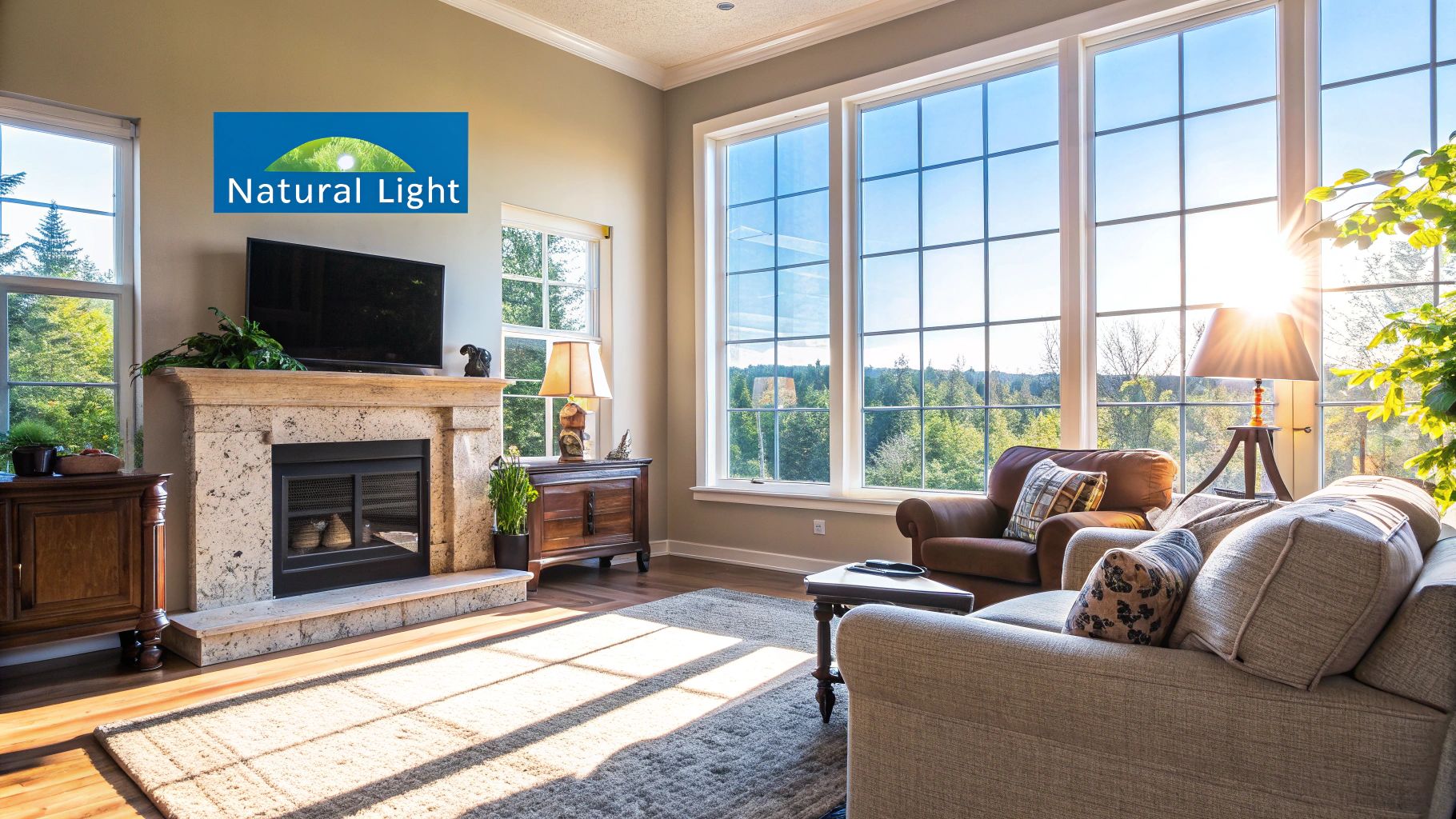 A bright living room with large windows showcasing the effective use of natural light in real estate photography.