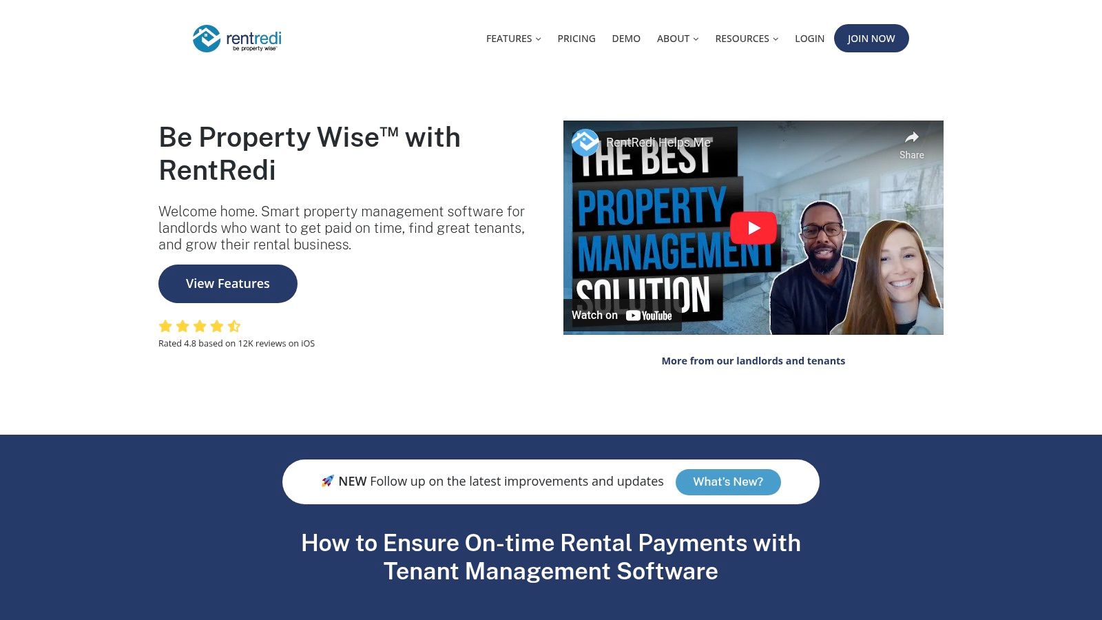 RentRedi's mobile interface showing a property list and tenant information.
