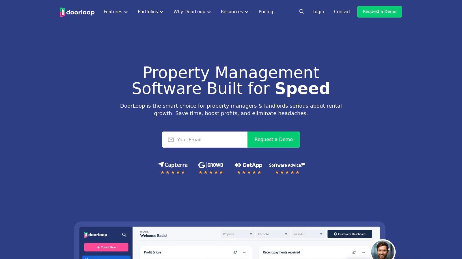 DoorLoop dashboard showing key metrics like occupancy and payments.