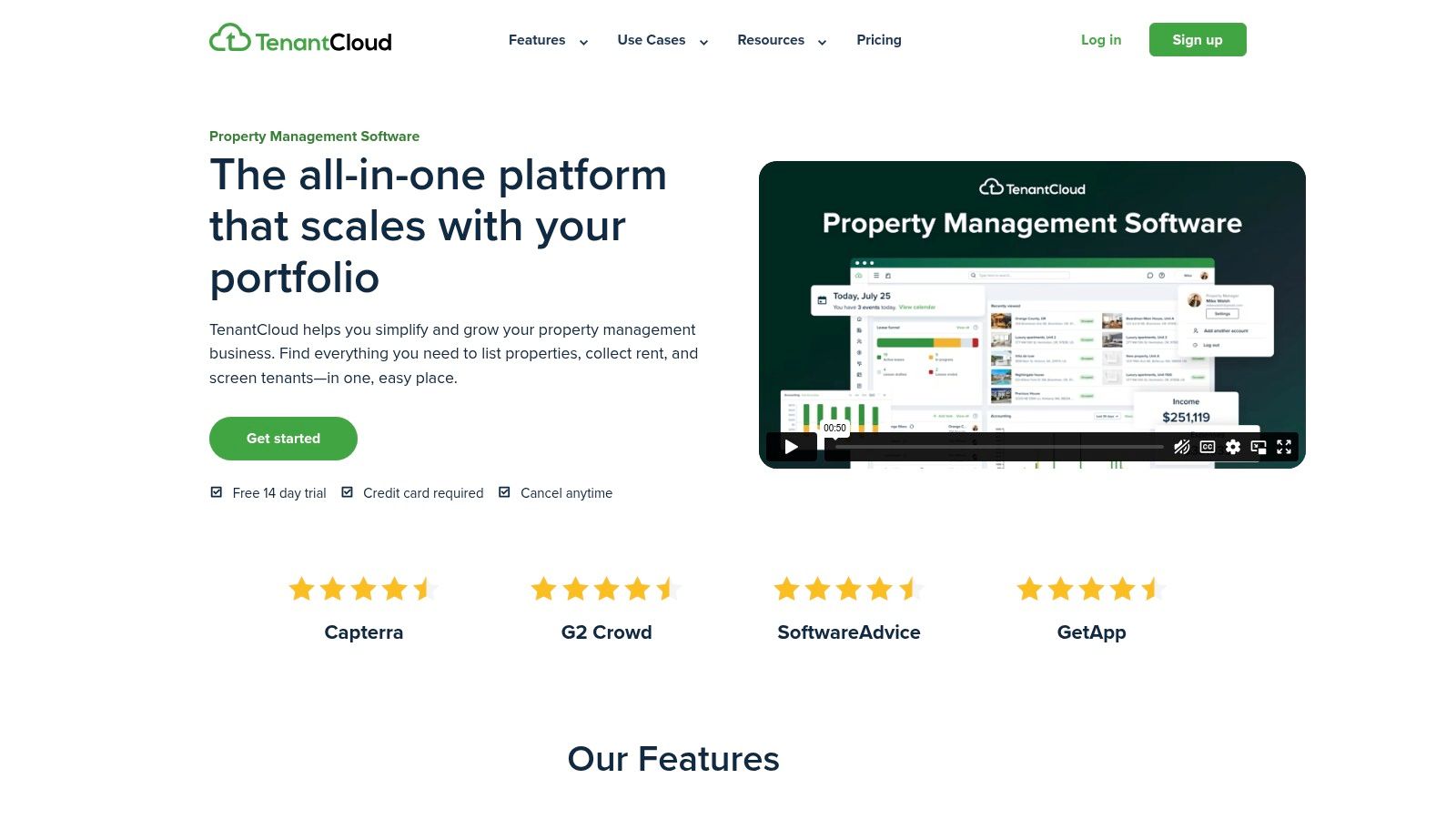 TenantCloud dashboard interface showing key metrics and tasks.
