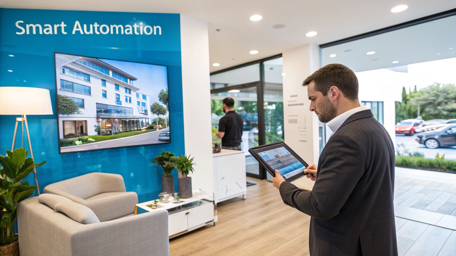A property manager reviewing operational data on a tablet with a modern apartment building in the background.