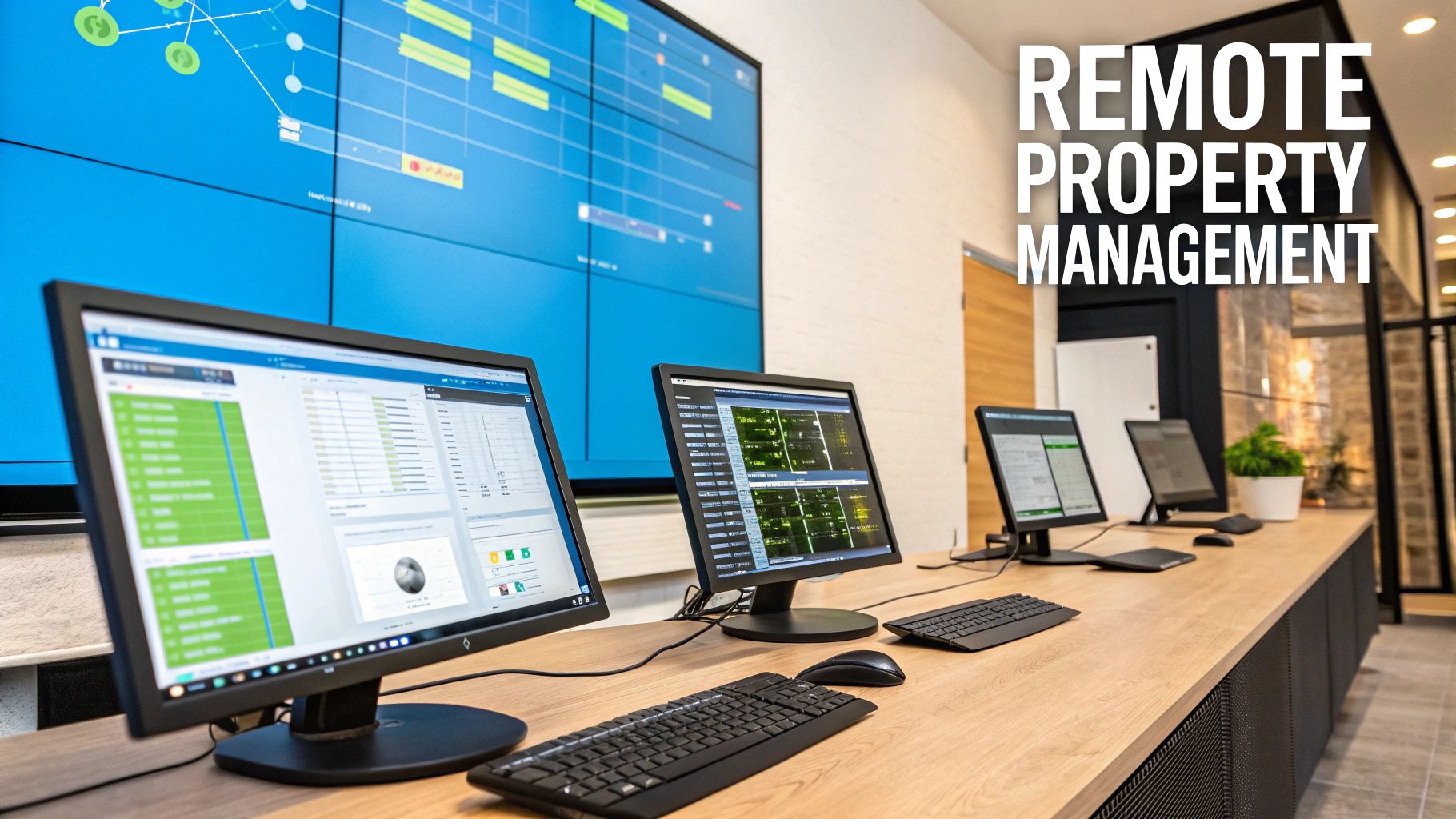 A modern property manager using a tablet to oversee a portfolio of properties remotely.