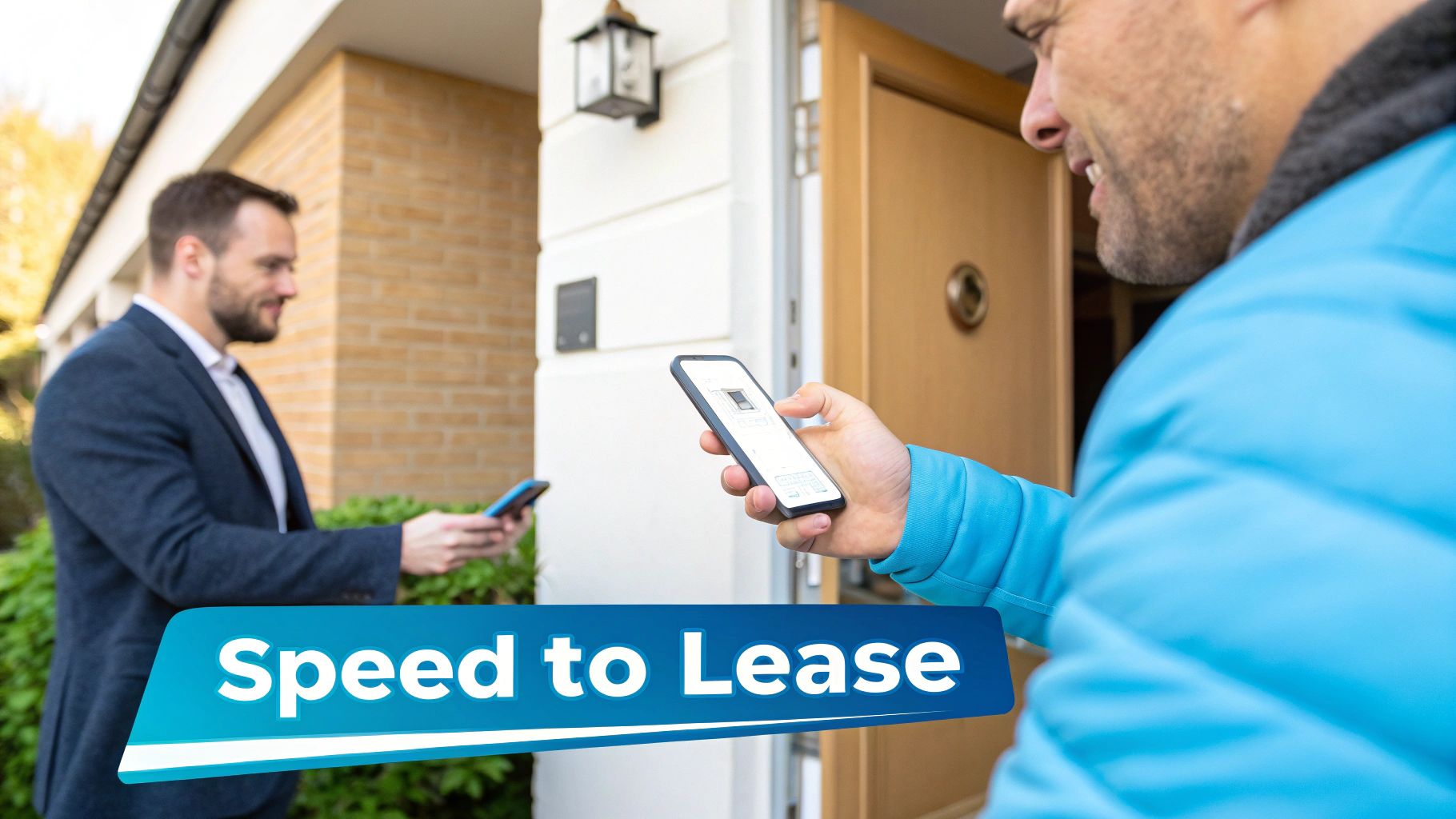 Two men use smartphones for property management, one holding a device with a floor plan, highlighting 'Speed to Lease'.