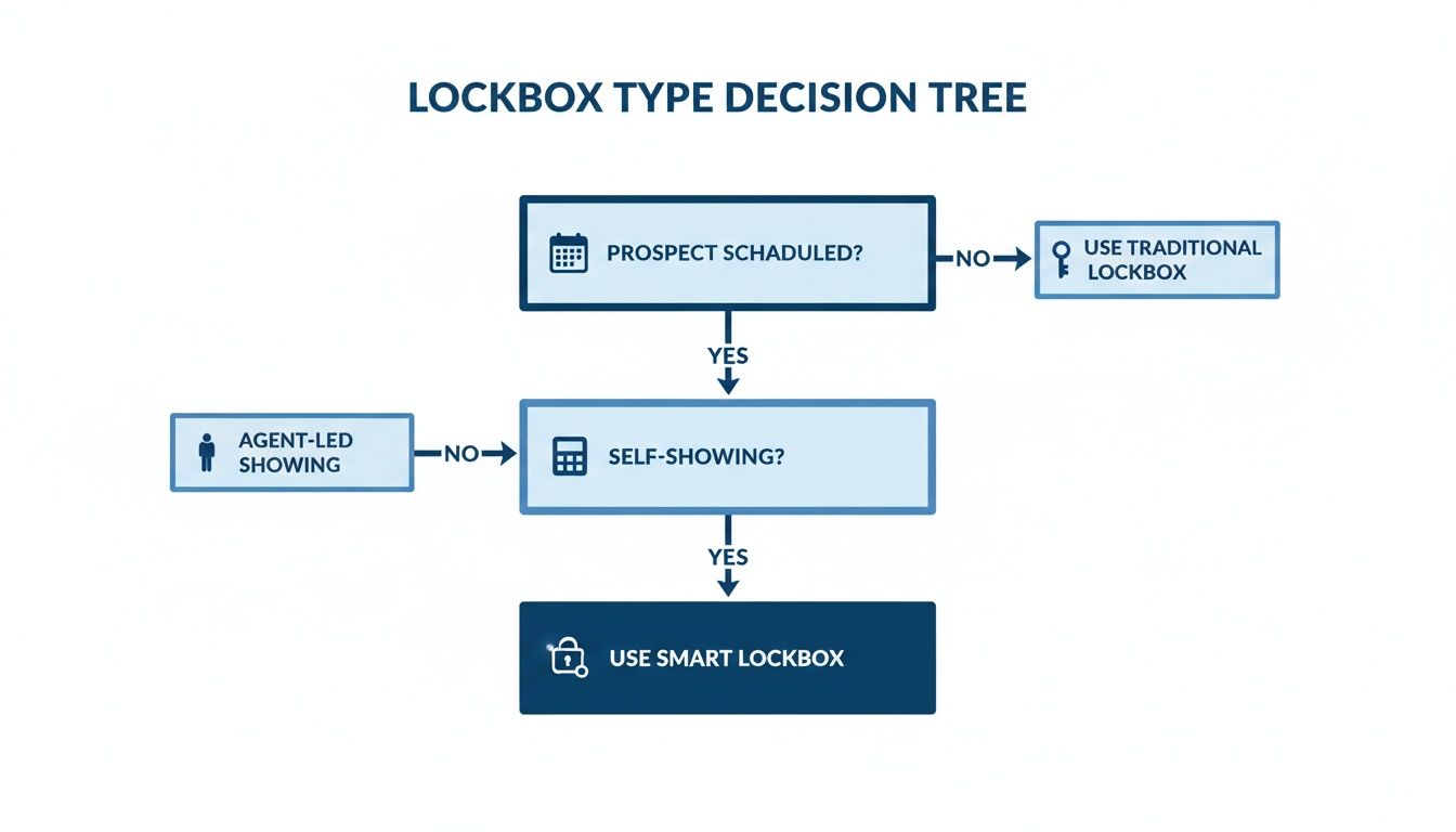 A lockbox type decision tree illustrating choices between traditional, agent-led, or smart lockboxes.