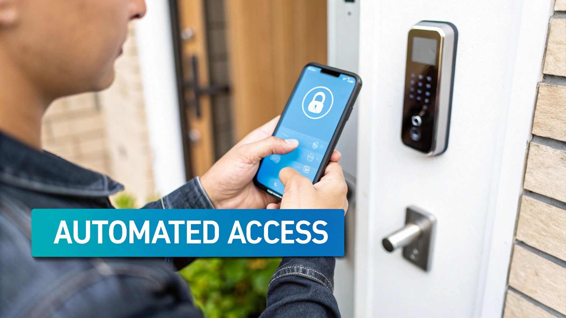 A person uses a smartphone with a lock app to control a smart keypad on a door, representing automated access.