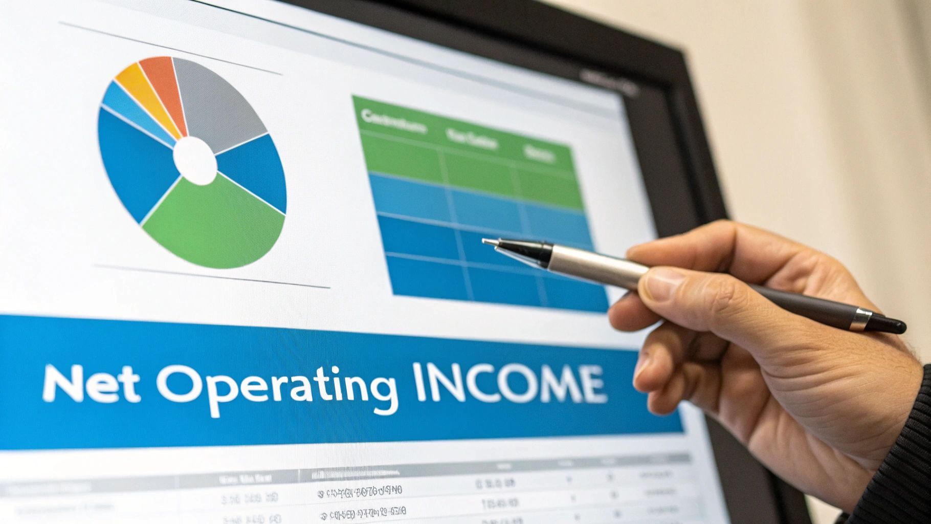 A calculator and a pen resting on a financial document showing graphs and charts, representing the calculation of Net Operating Income.