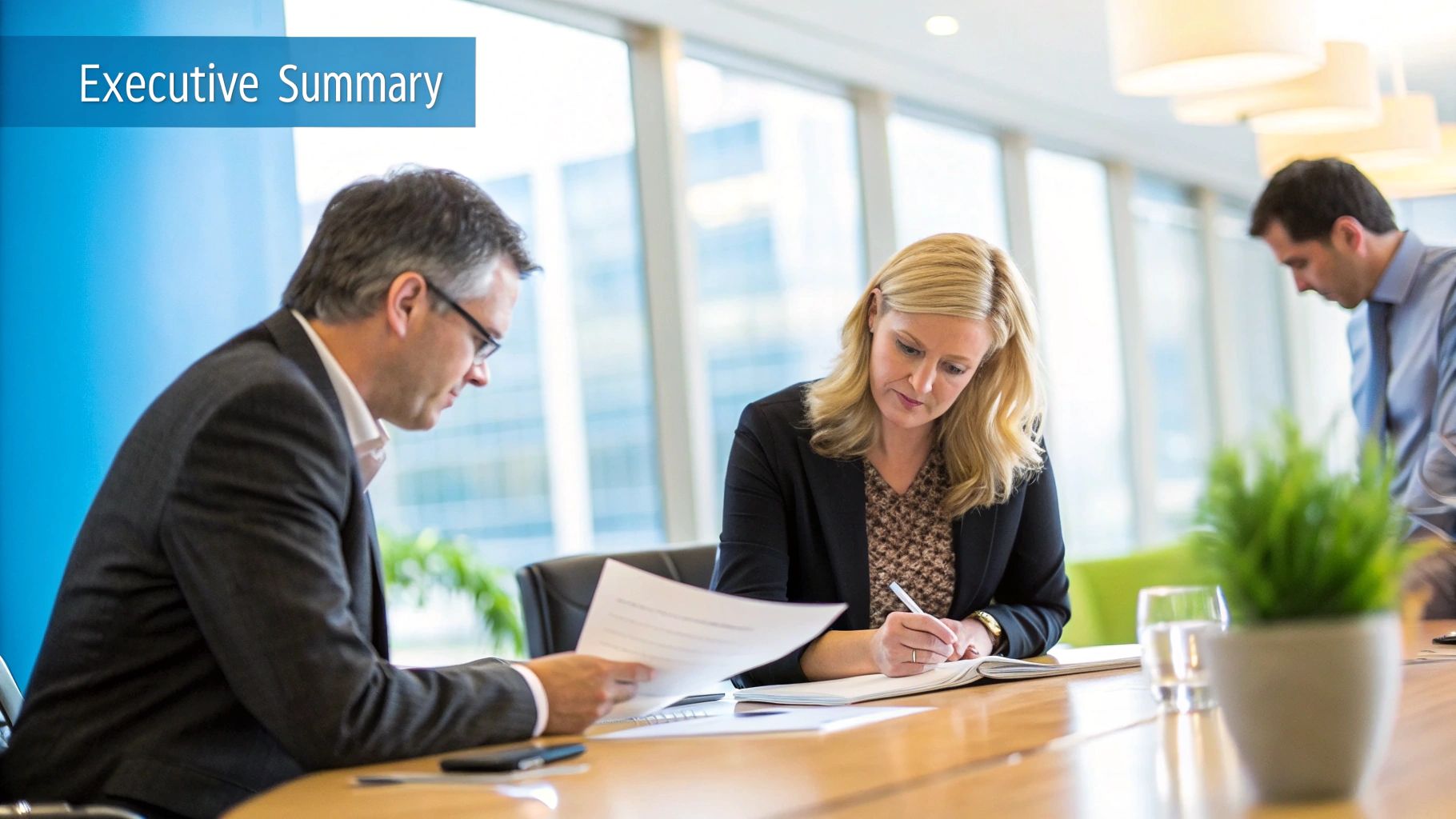 A property manager reviewing a business plan on a tablet in a modern office.