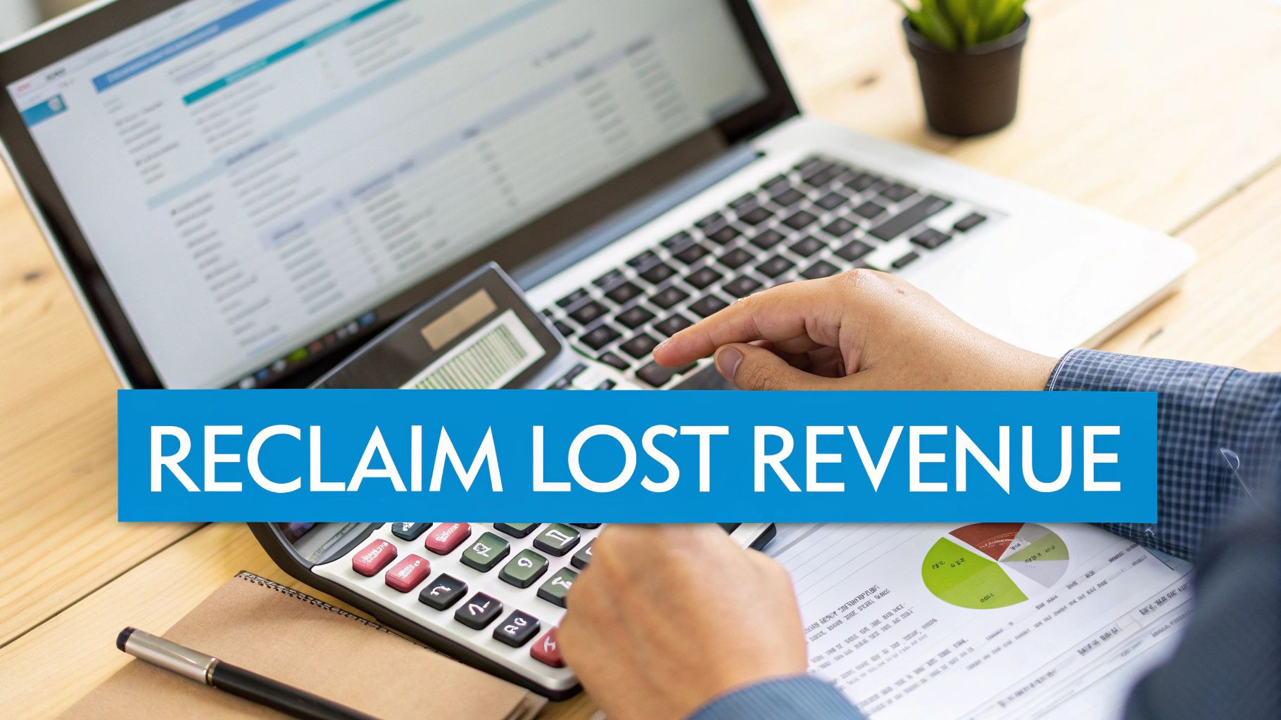 A person's hands working with a calculator and laptop, analyzing business documents with a 'RECLAIM LOST REVENUE' text overlay.
