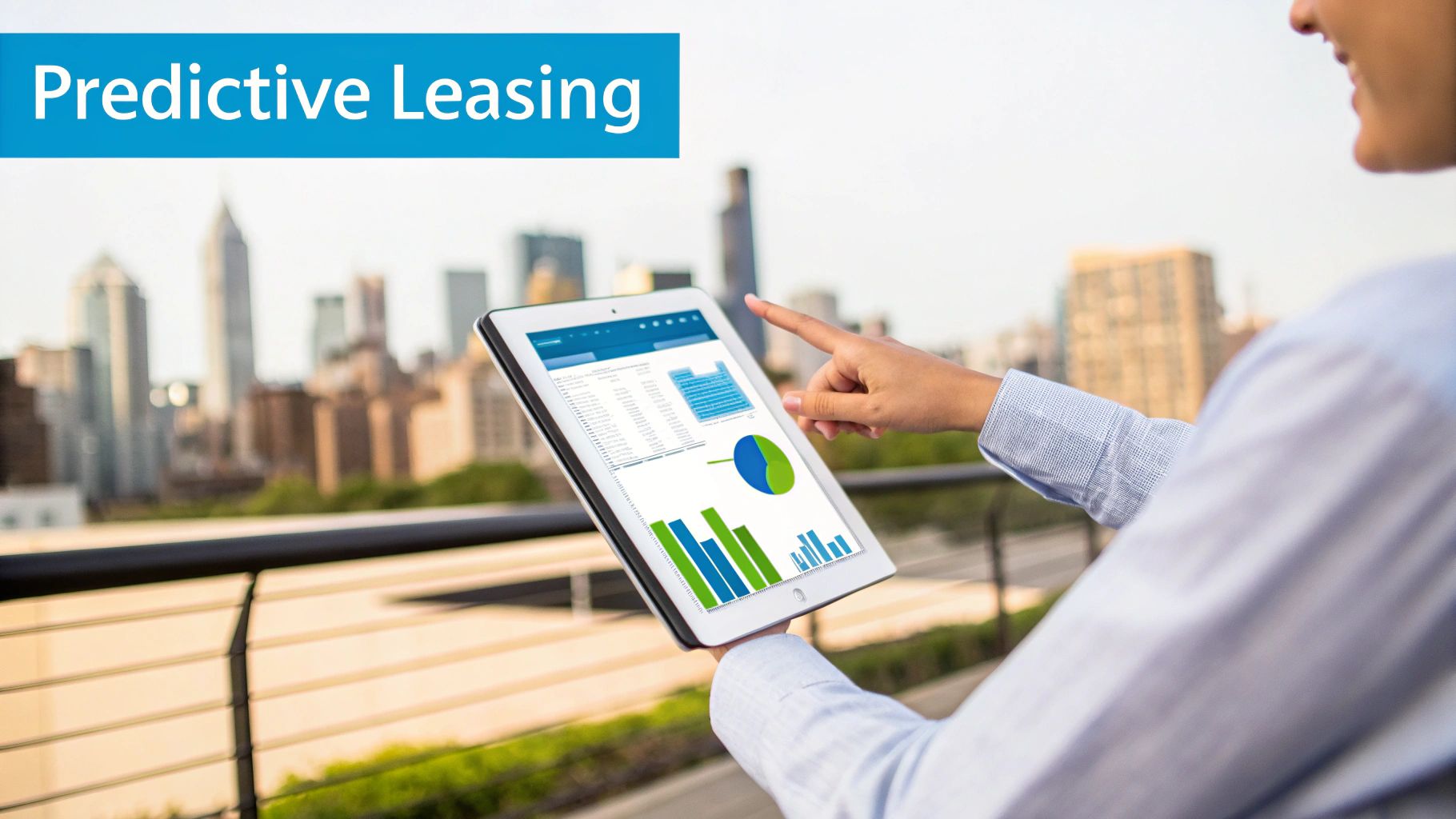 A person holds a tablet displaying predictive leasing data with charts and graphs, overlooking a city skyline.