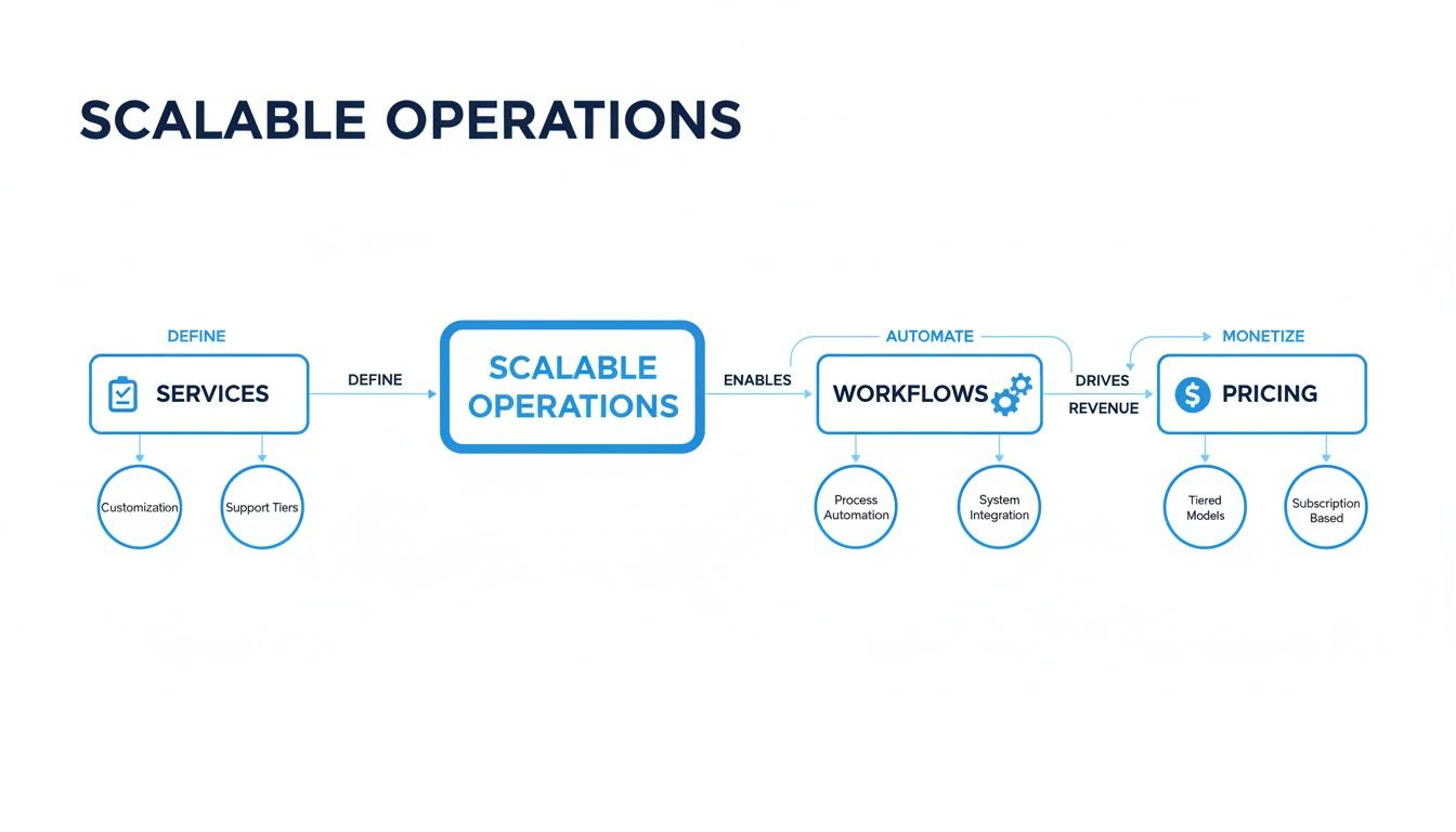 Flowchart outlining scalable business operations from services definition to automated workflows and pricing.
