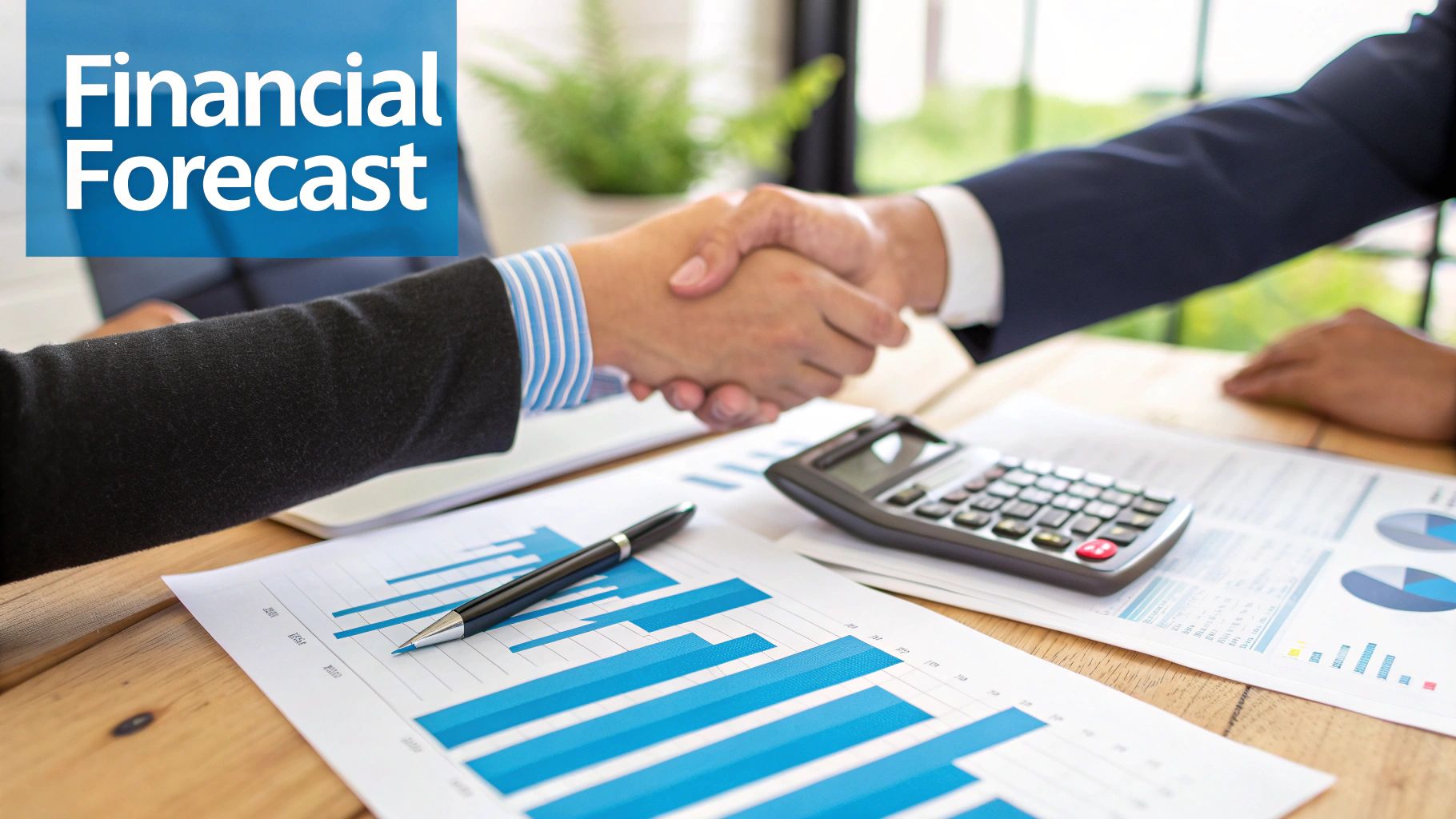 Two business people shaking hands over financial documents, calculator, and pen on a wooden desk.