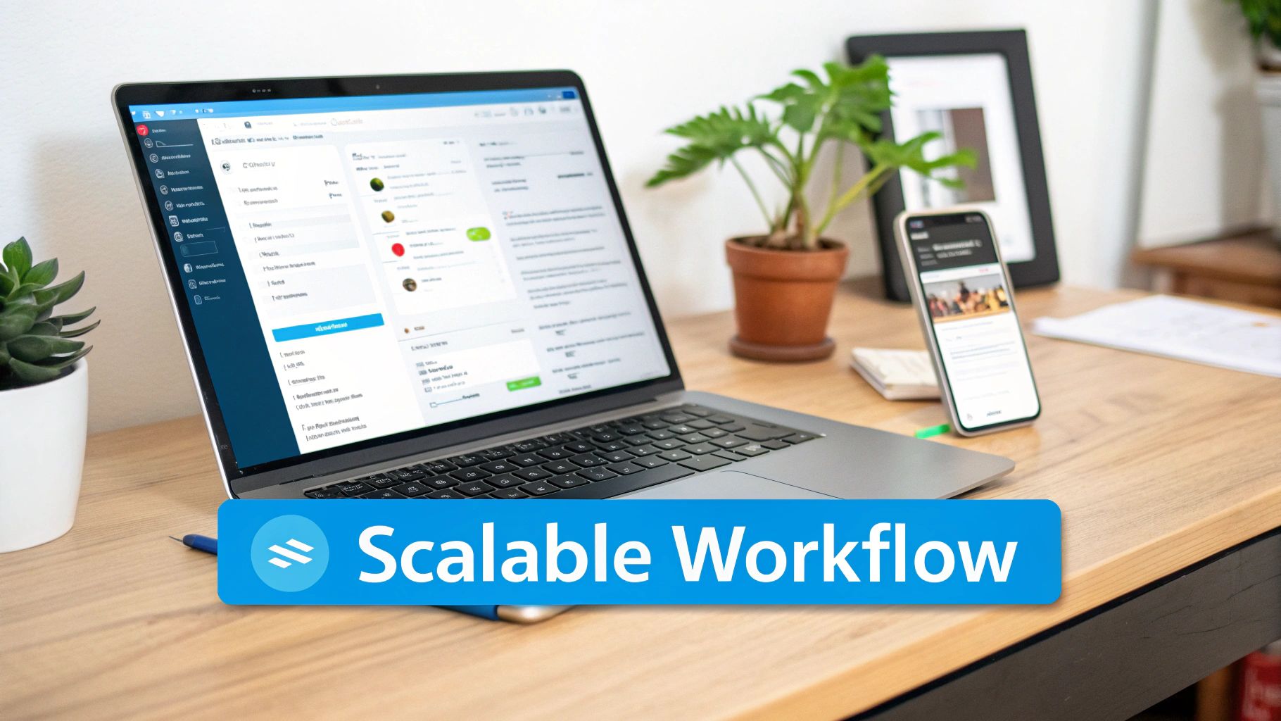 A modern desk workspace featuring a laptop, smartphone, plants, and a 'Scalable Workflow' banner.
