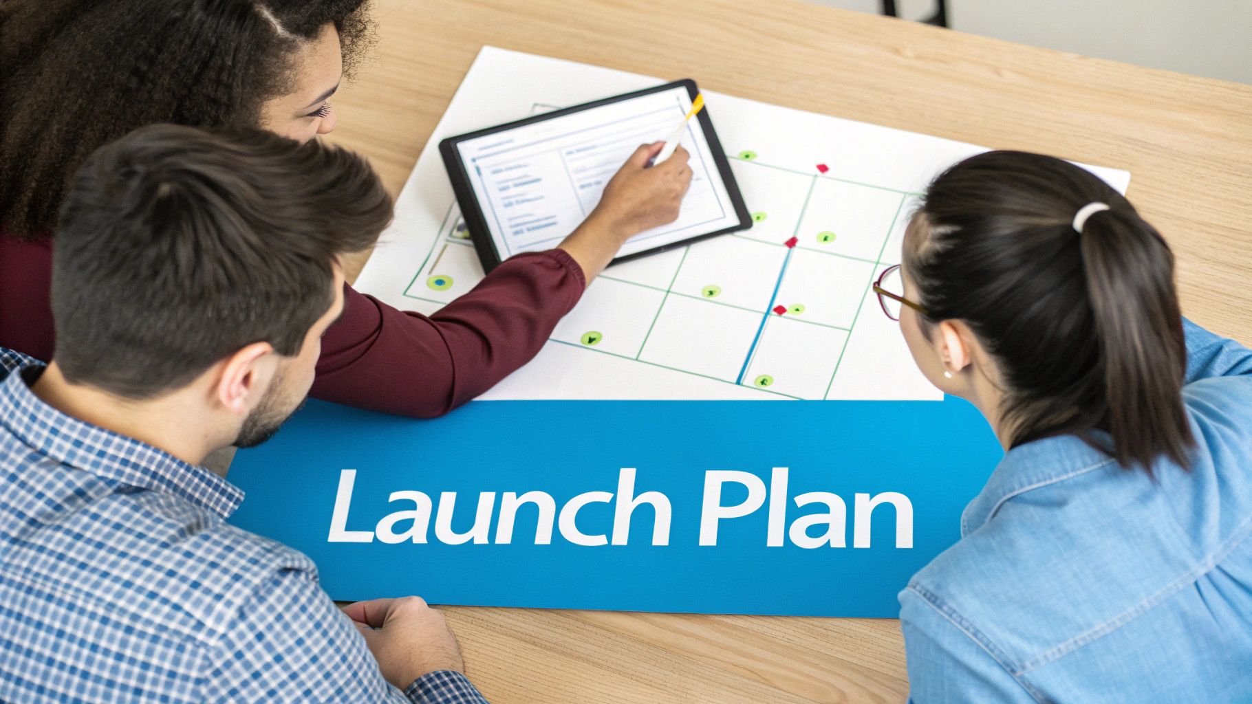A group of property management professionals collaborating around a screen showing a project plan.