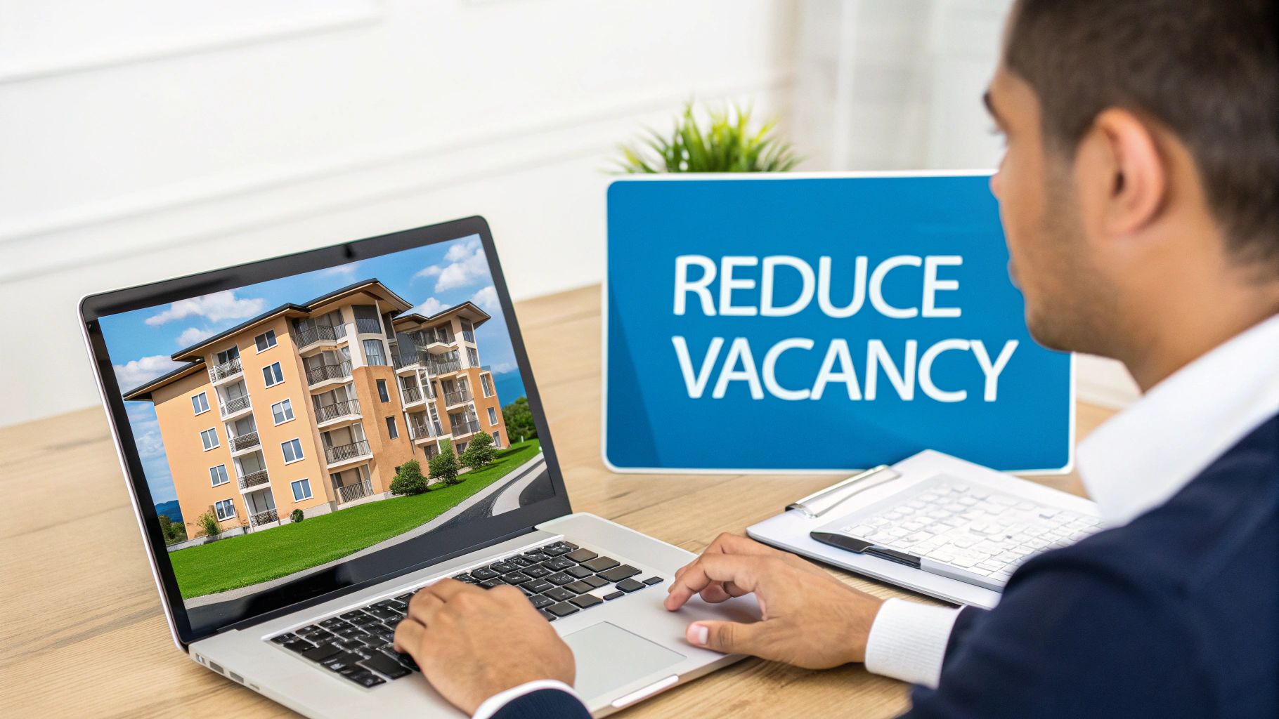 A property manager reviewing tour management software on a laptop, with charts showing reduced vacancy costs.