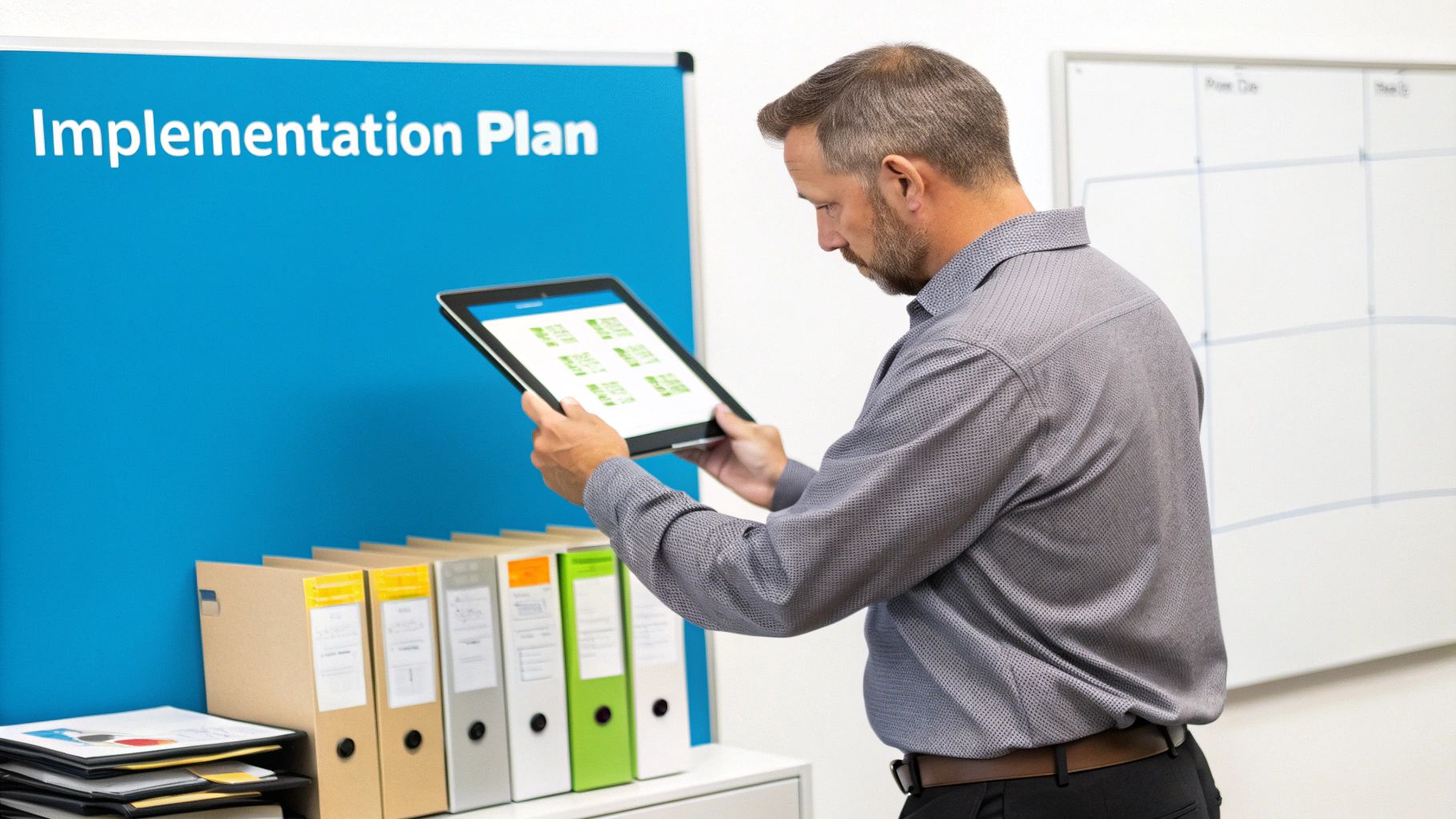 A team of property management professionals planning a tech rollout on a large whiteboard.