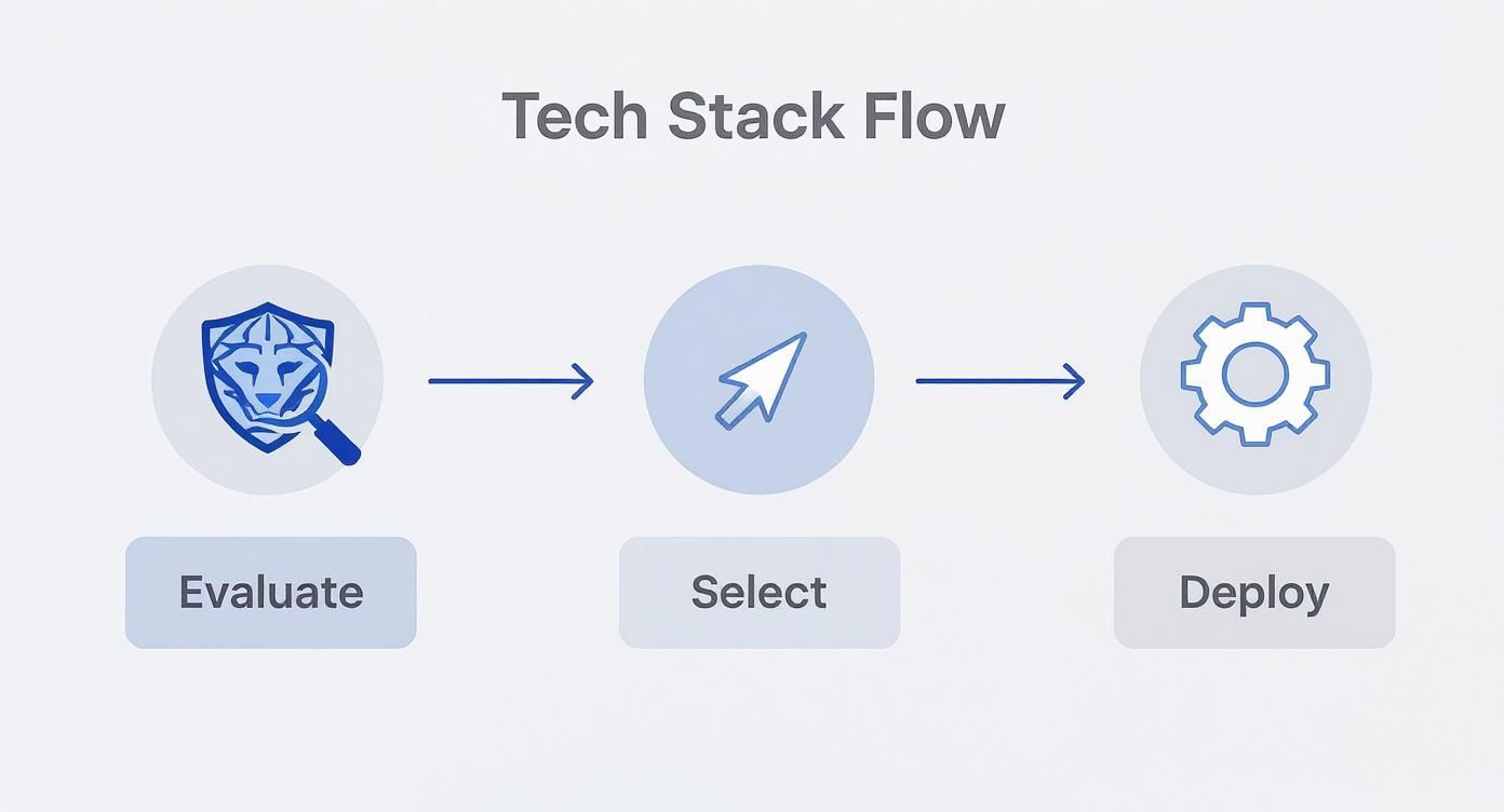 Tech stack flow diagram showing three stages: evaluate, select, and deploy with icons and arrows
