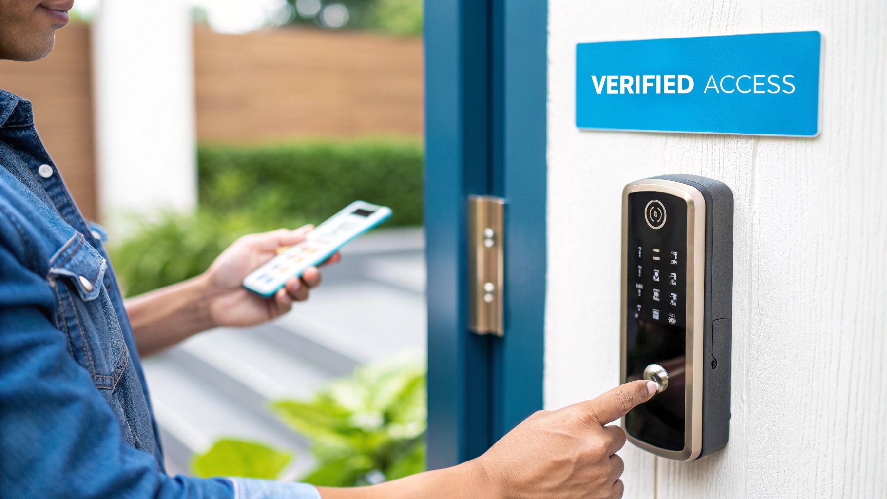 Person using smartphone to unlock smart door lock with digital keypad for verified access