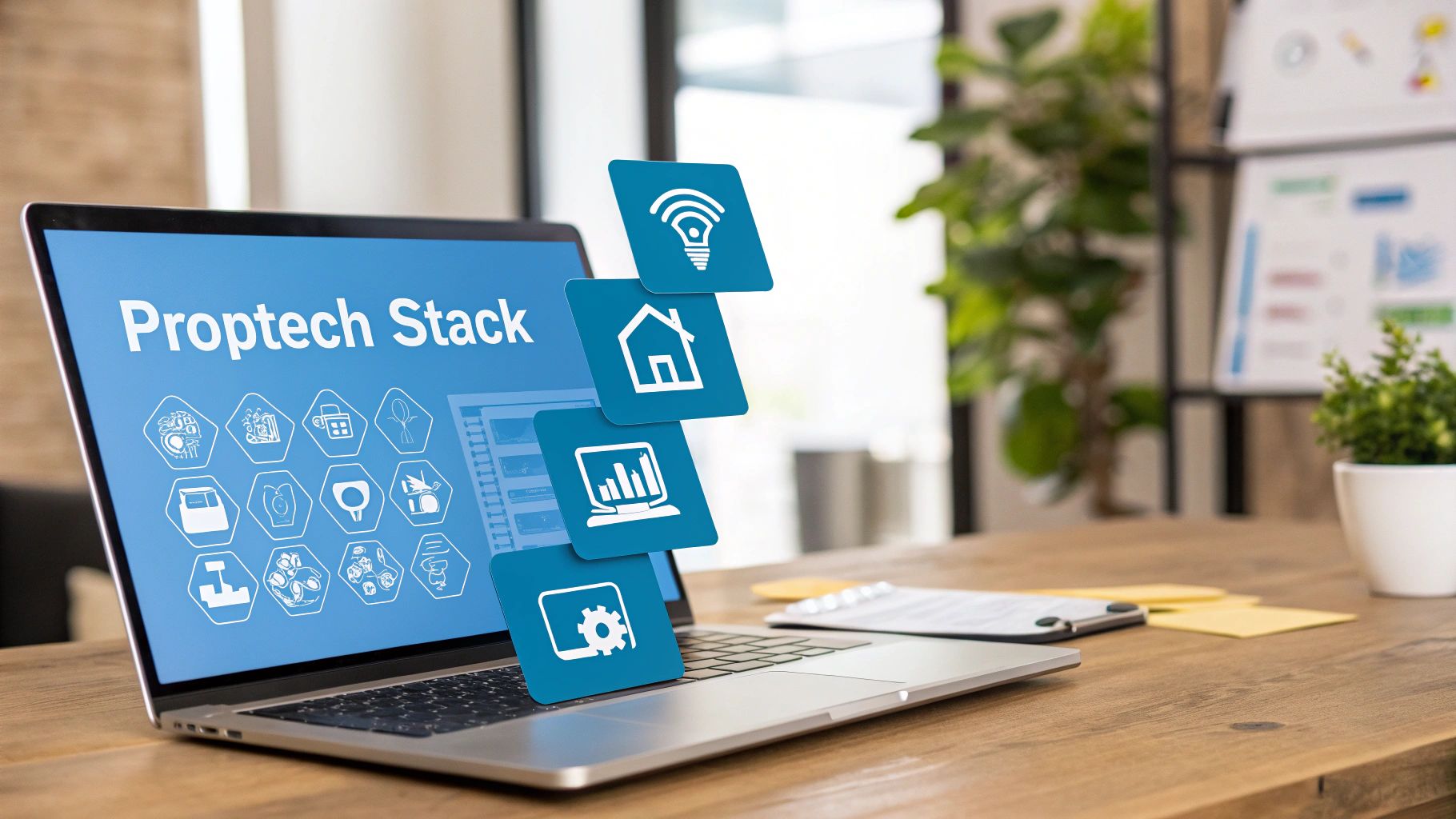 Laptop screen displaying 'Proptech Stack' with smart home, analytics, and settings icons on a desk.