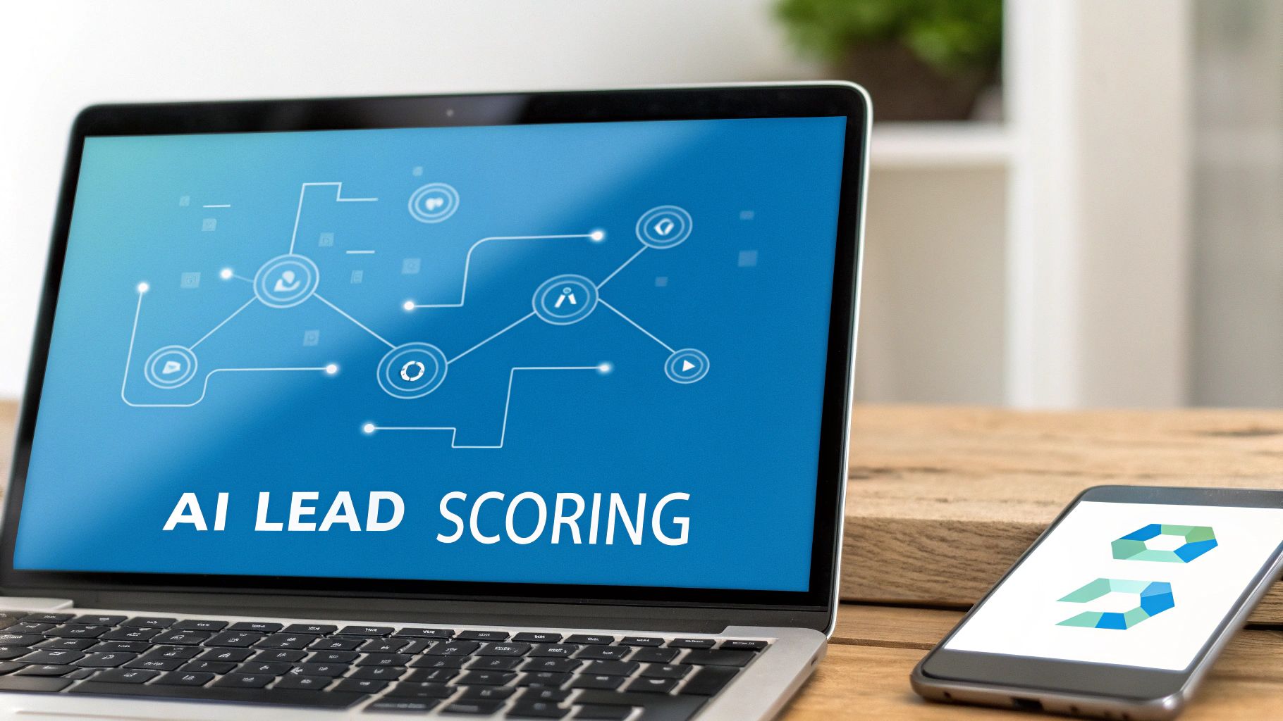 A property manager reviewing leasing analytics on a tablet, with AI-powered data visualizations in the background
