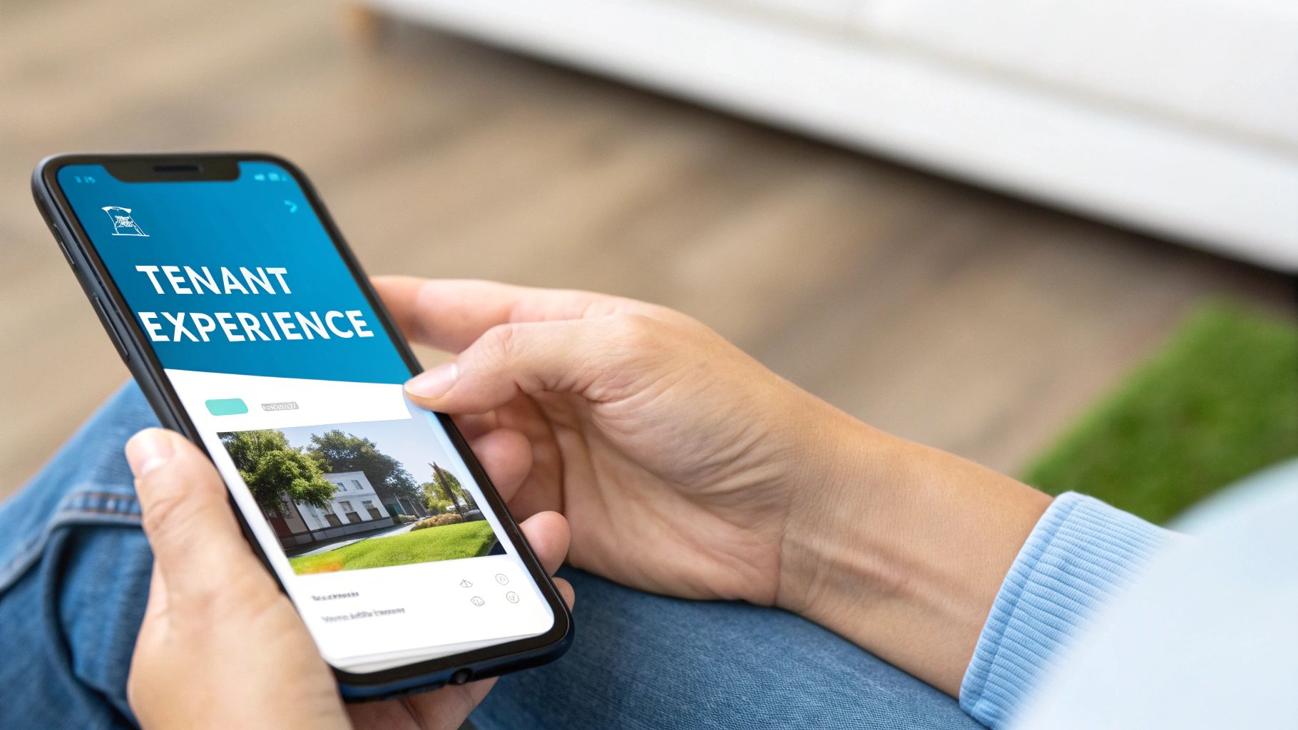 A tenant happily using their smartphone to manage their rental, symbolizing a positive experience with a tenant web access platform.