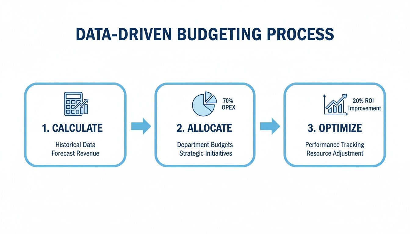 Diagram illustrating a 3-step data-driven budgeting process: Calculate, Allocate, and Optimize.