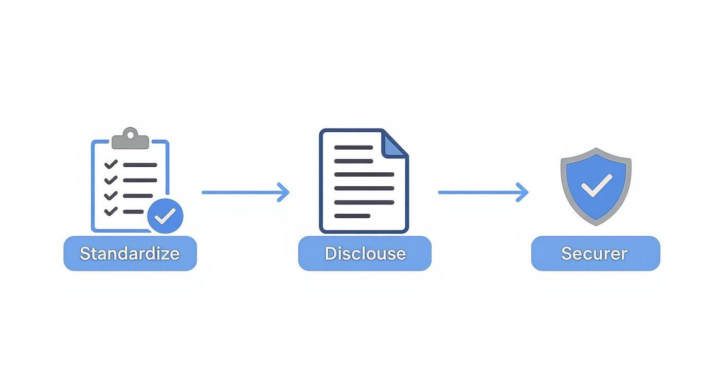 A diagram illustrating a three-step process: Standardize (checklist), Disclose (document), and Securer (shield).