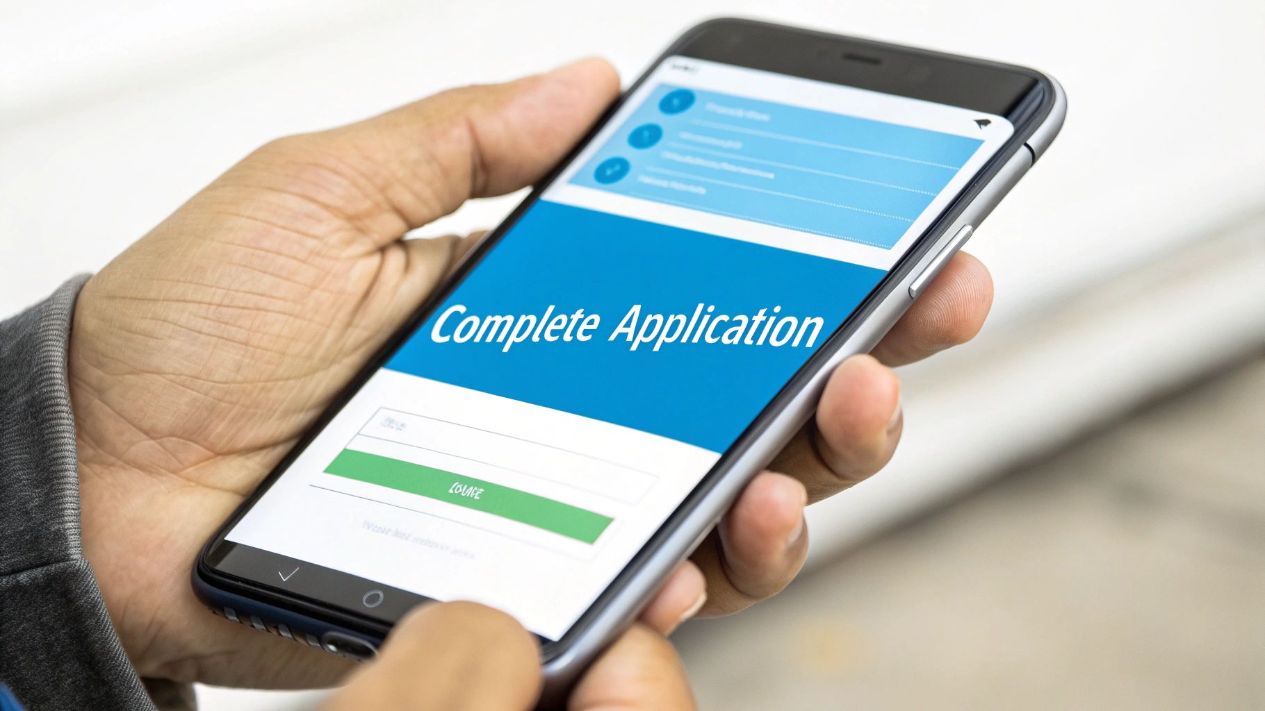 A person holds a smartphone displaying a 'Complete Application' screen.