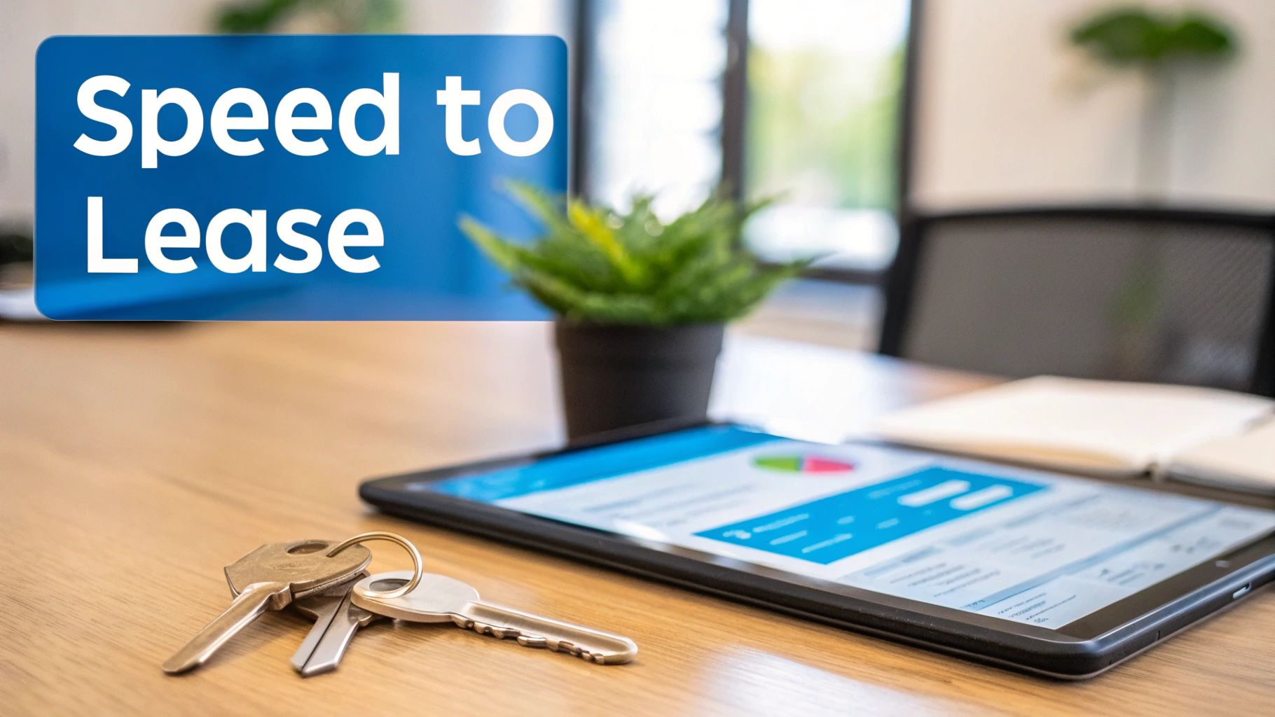 A 'Speed to Lease' sign, keys, and a tablet displaying property management data on a modern office desk.