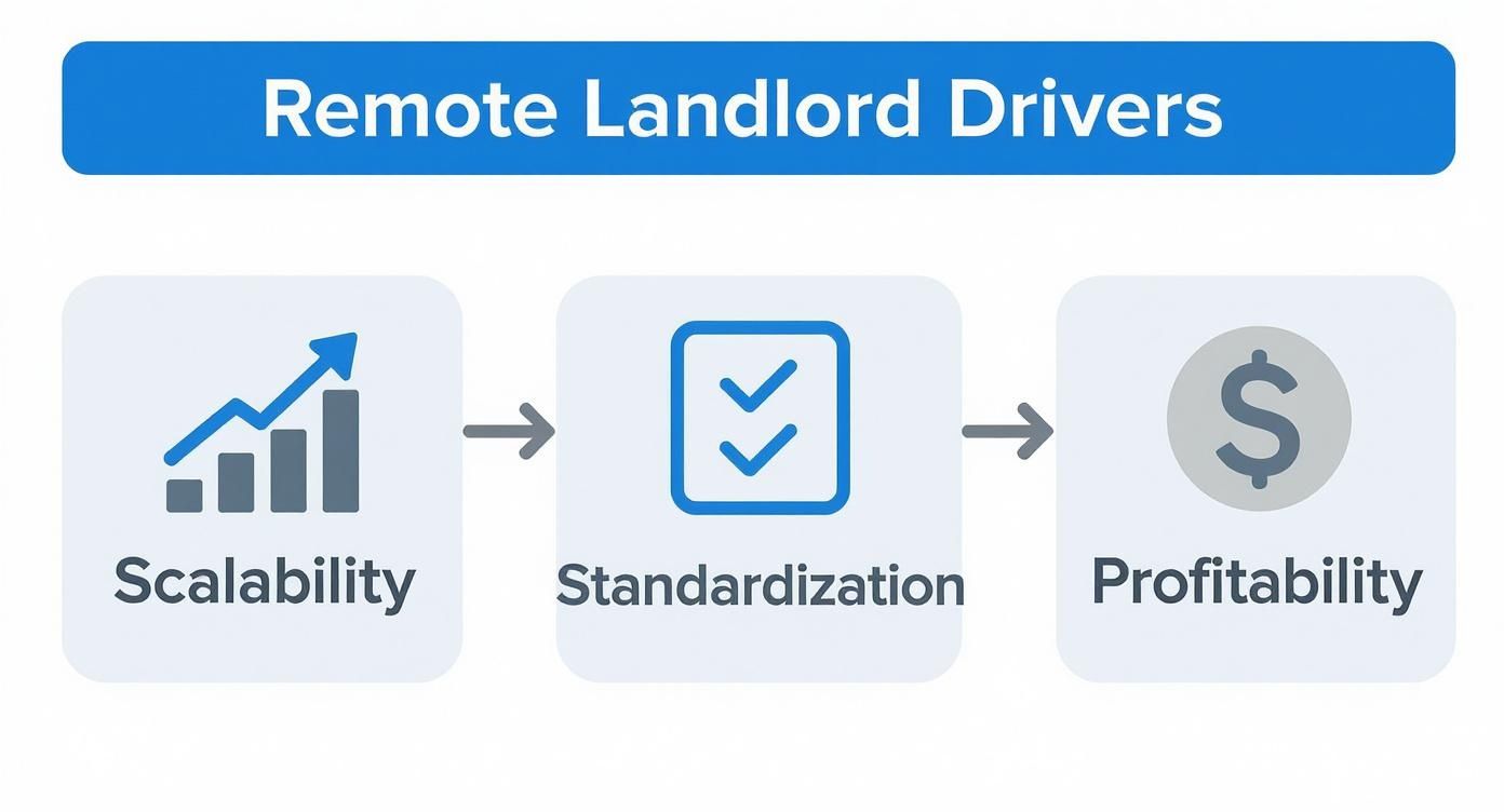 Remote landlord drivers flowchart showing scalability leading to standardization and profitability with icons