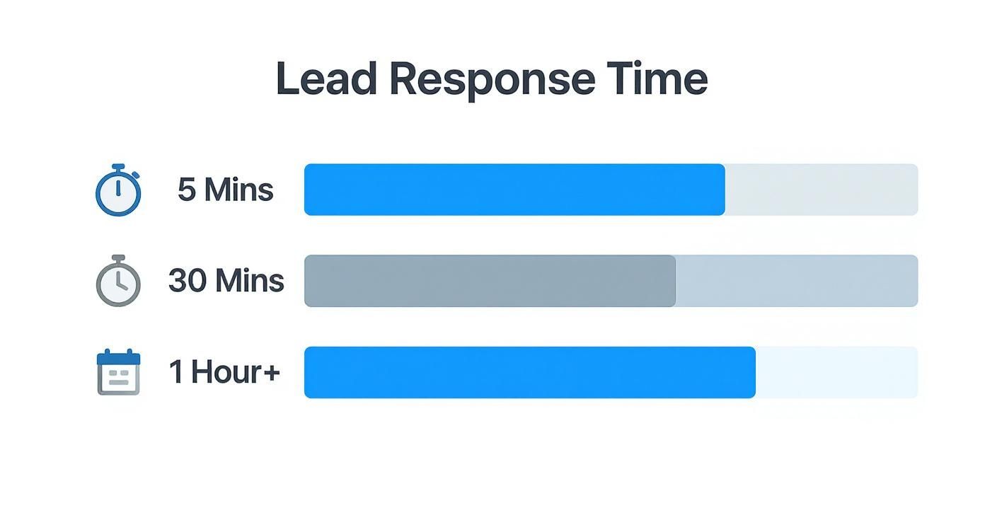 Infographic showing that lead response times under 5 minutes have the highest conversion rates, which decrease significantly at 30 minutes and again after an hour.