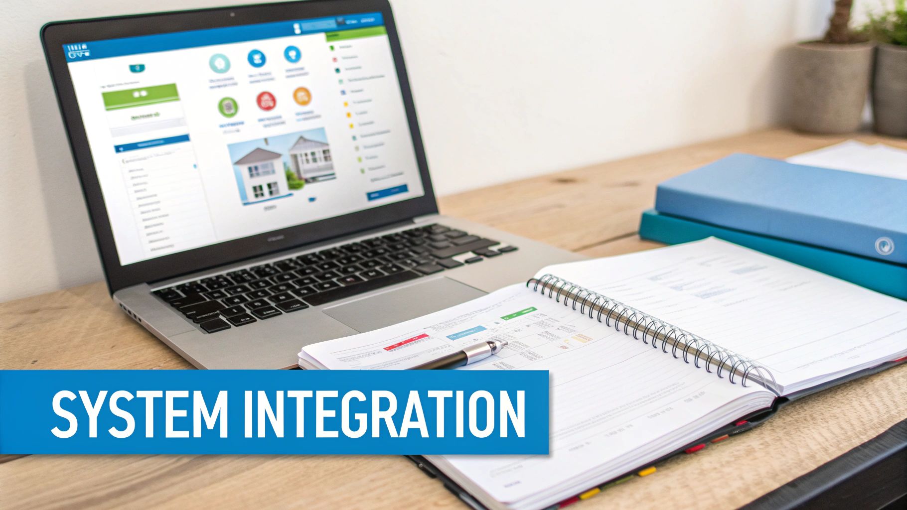 A laptop displaying a software interface with house icons next to an open notebook and pen, with a 'System Integration' banner.
