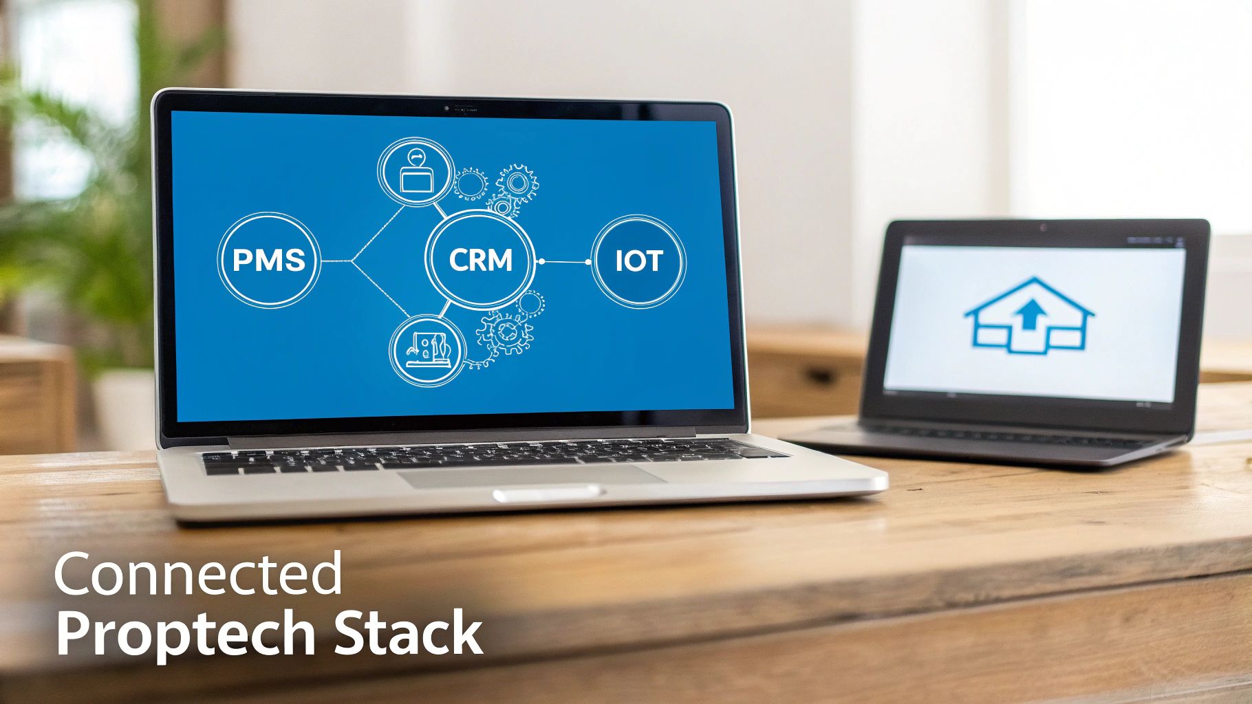 A laptop displays a diagram of a connected proptech stack including CRM, PMS, and IoT, on a wooden desk.