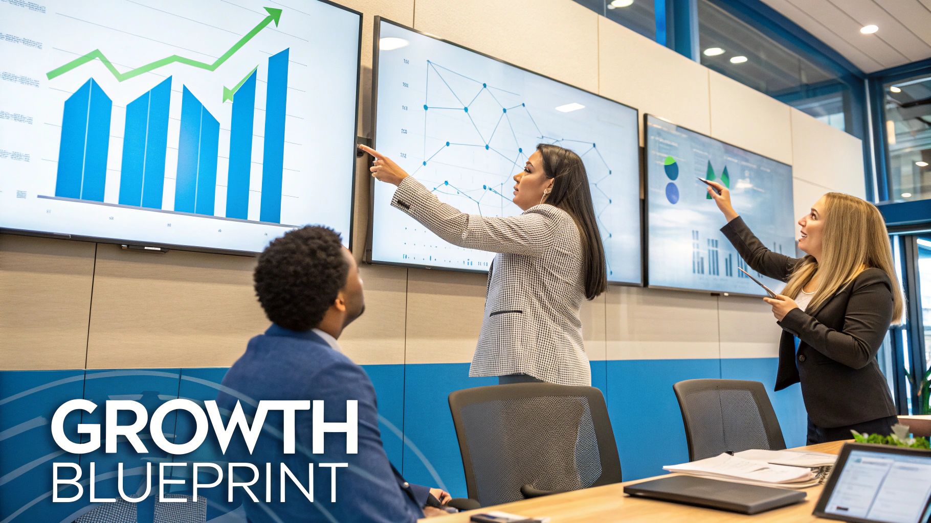 A person writing a property management business plan in a modern office with city views.