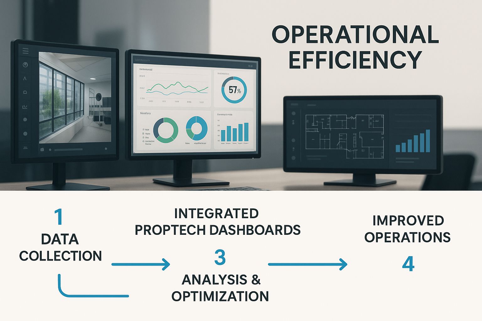 Infographic showing a virtual command center with integrated PropTech dashboards, visualizing operational efficiency.