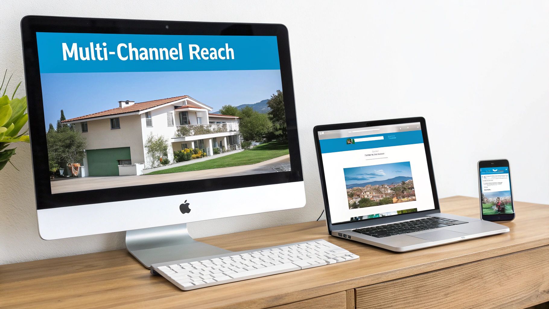 A property manager reviewing a rental advertising strategy on a tablet, with a cityscape background representing multi-channel distribution.