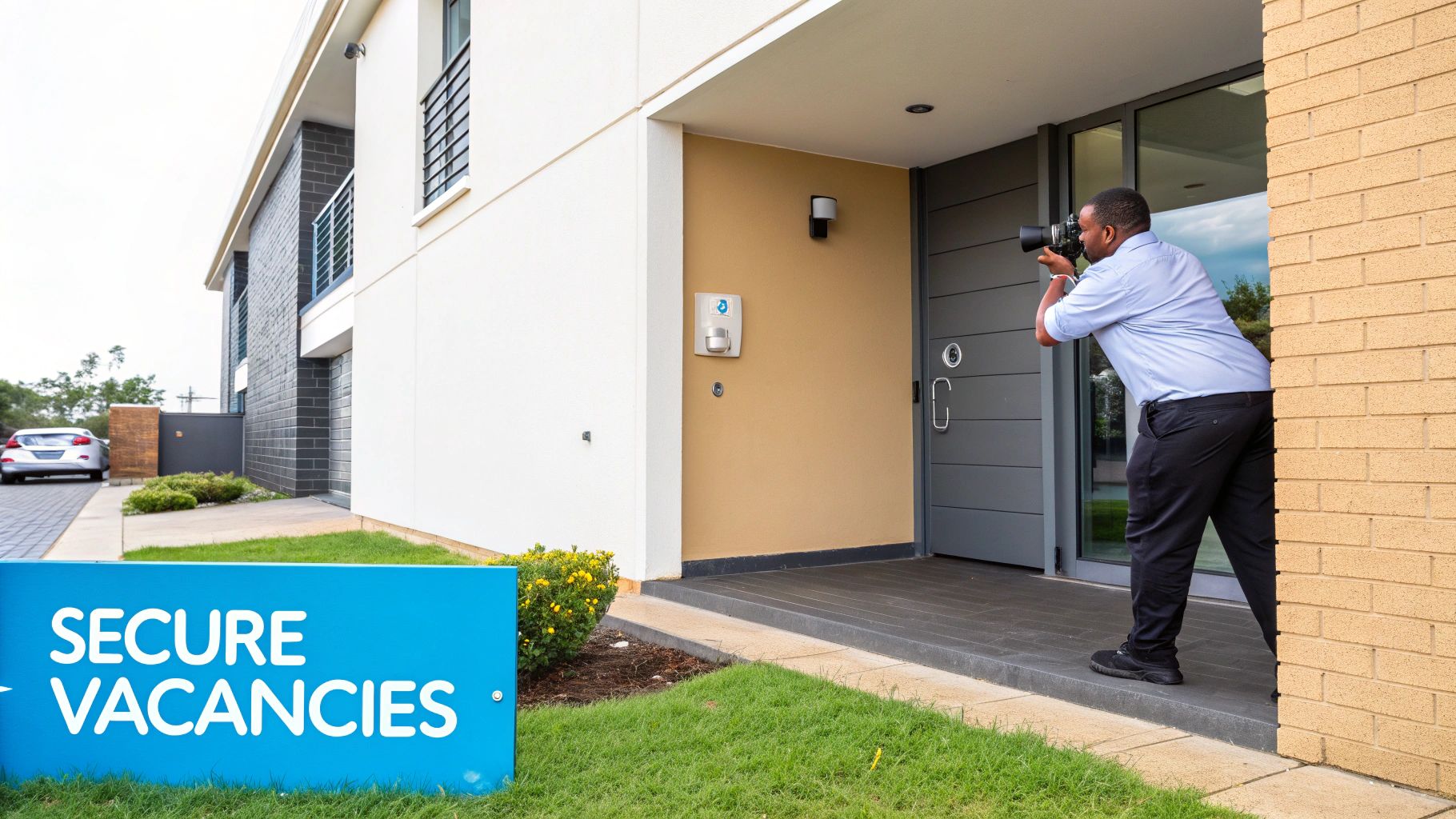 A modern, secure front door with a smart lock, symbolizing proactive property security.