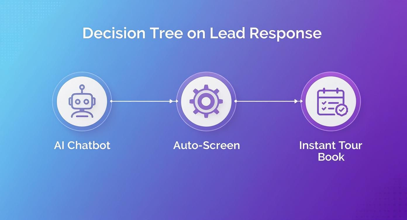 A decision tree diagram illustrating a lead response process: AI Chatbot, Auto-Screen, and Instant Tour Booking.