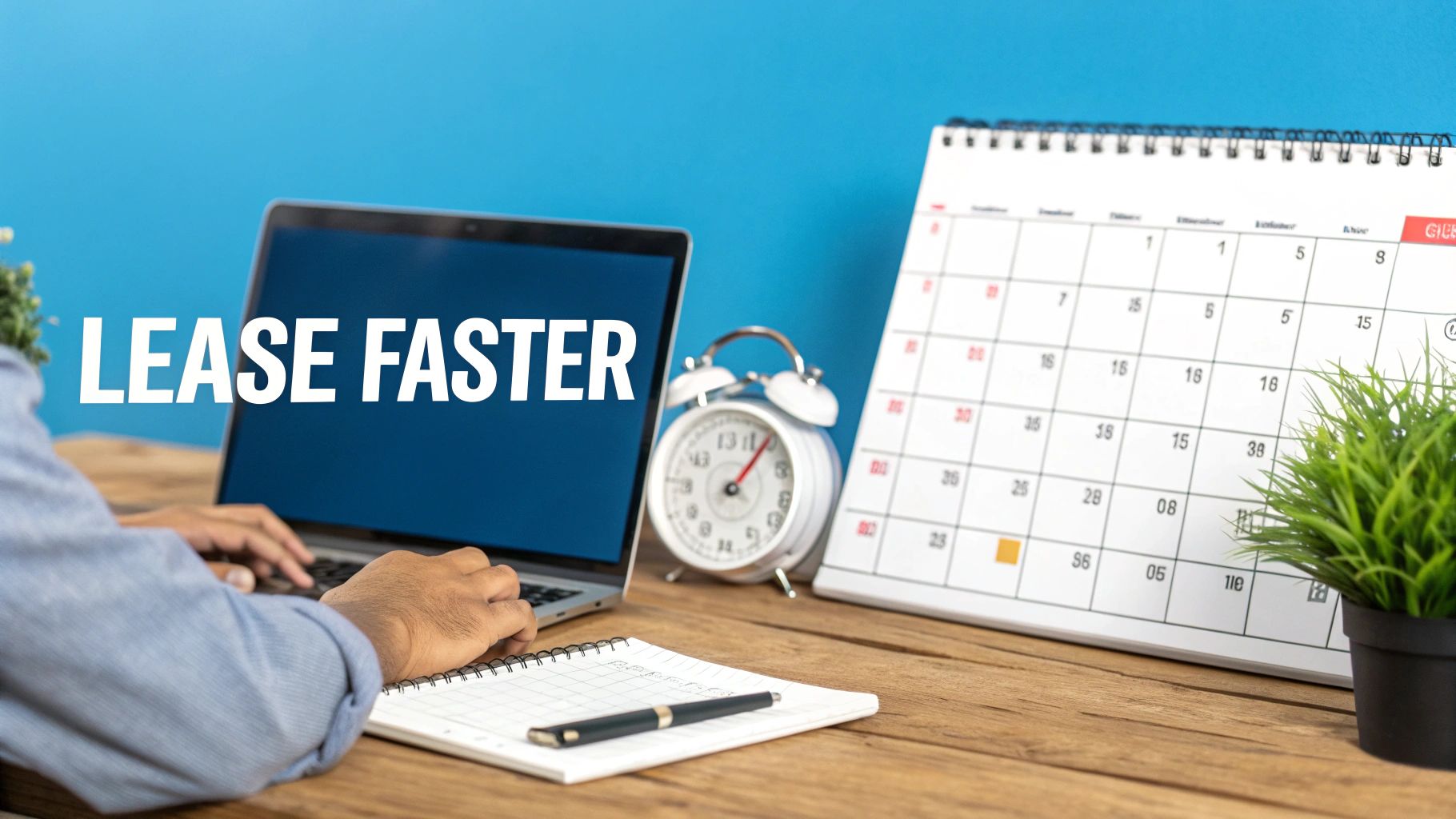 Person typing on a laptop with 'LEASE FASTER' text, next to a calendar and clock.