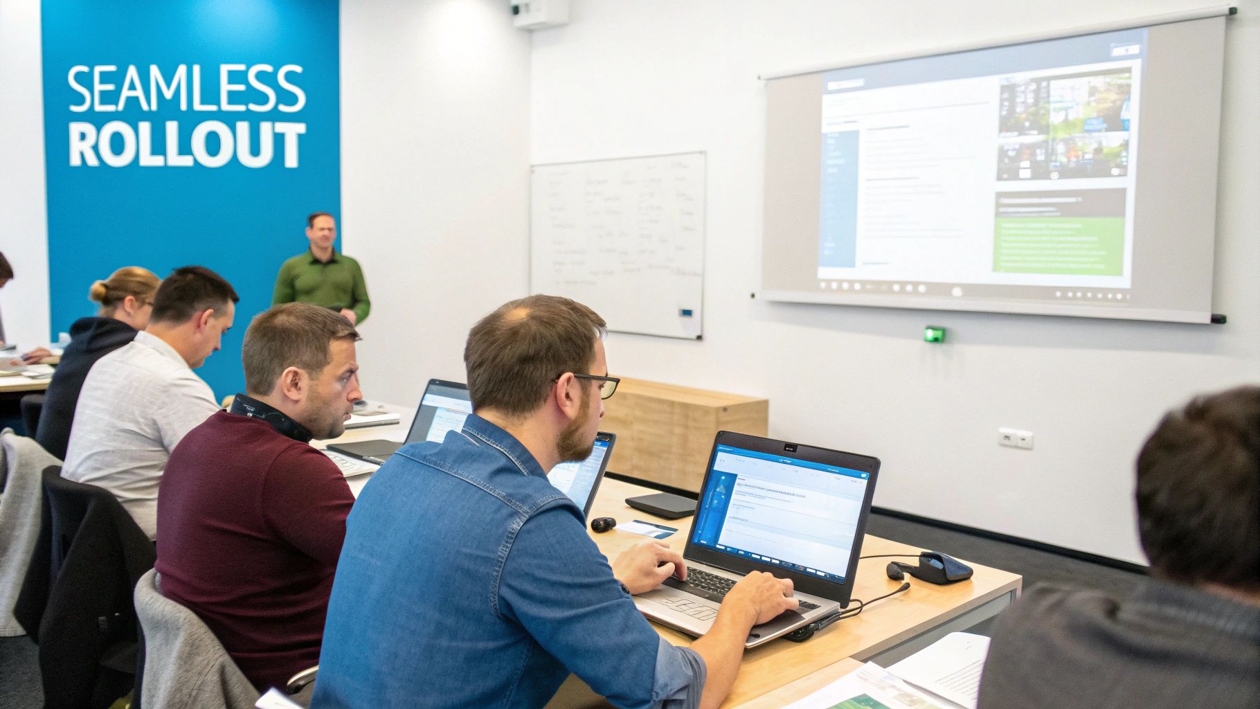 Professionals attend a software training session in a classroom, viewing laptops and a 'Seamless Rollout' presentation.