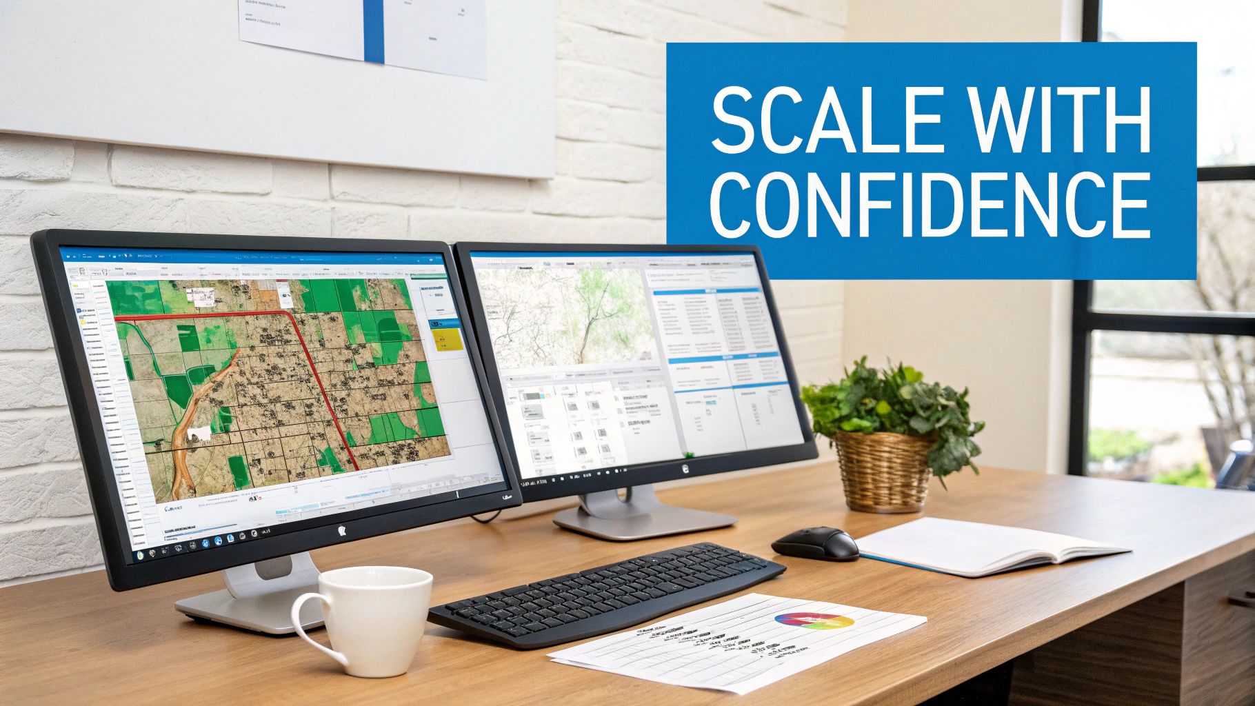 Dual monitors on an office desk display mapping software for real estate or land management.